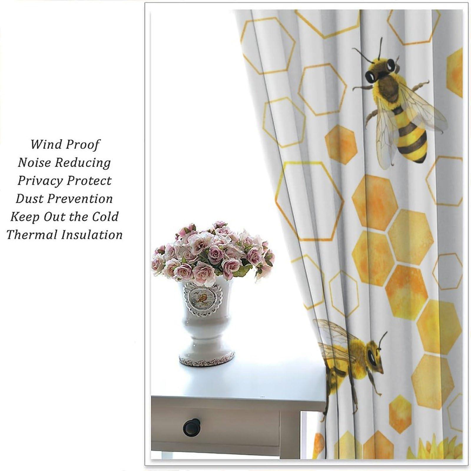 PHTAYOT Honey Bee Curtains, Bumble Bee Along Honey Comb Hexagonal Sunflower Print for Kids Boys Girls Room Decor, Rod Pocket Blackout Window Drapes for Bedroom Living Room Kitchen21 W X 63\" L