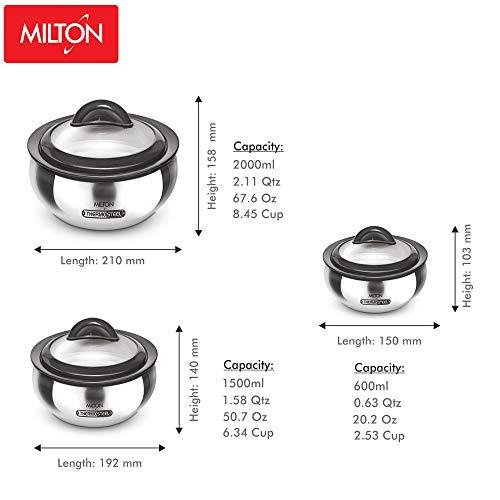 MILTON Milton Casserole with Glass Lid Set of 3 for Hot Food, Insulated Hot Pot, Stainless Steel, Serving Box (bowl, dish) for Food and Roti, Sizes 19 oz, 41 oz and 66 oz, Clarion