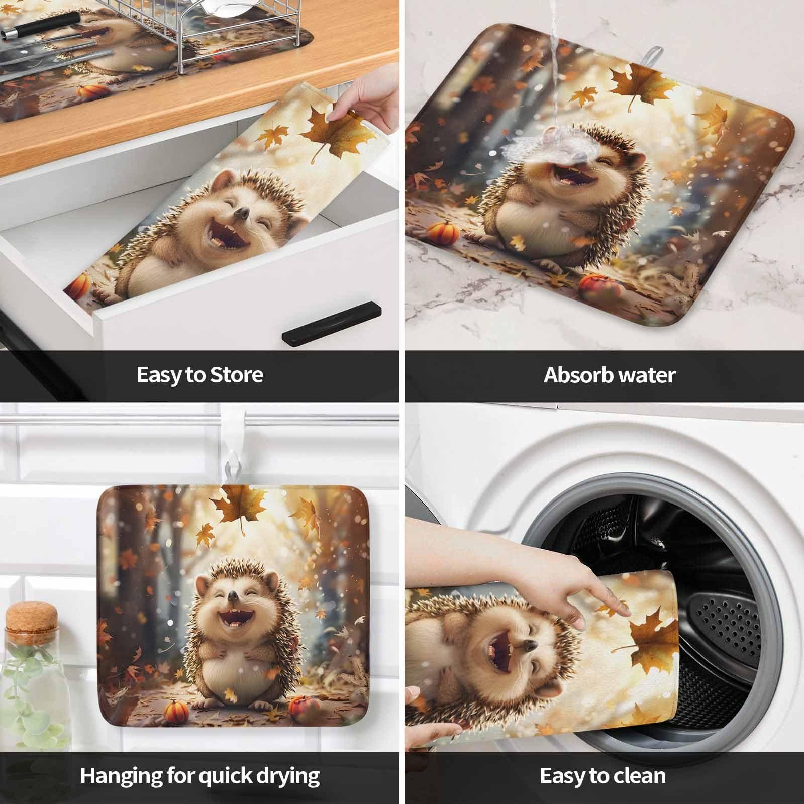 ALAGEO Fall Dish Drying Mat for Kitchen 16x18 Inch Smile Hedgehog Absorbent Reversible Microfiber Dish Drying Pad Dish Rack Drainer Mats Pumpkin Maple Leaves Forest Thanksgiving Kitchen Counter Accessories