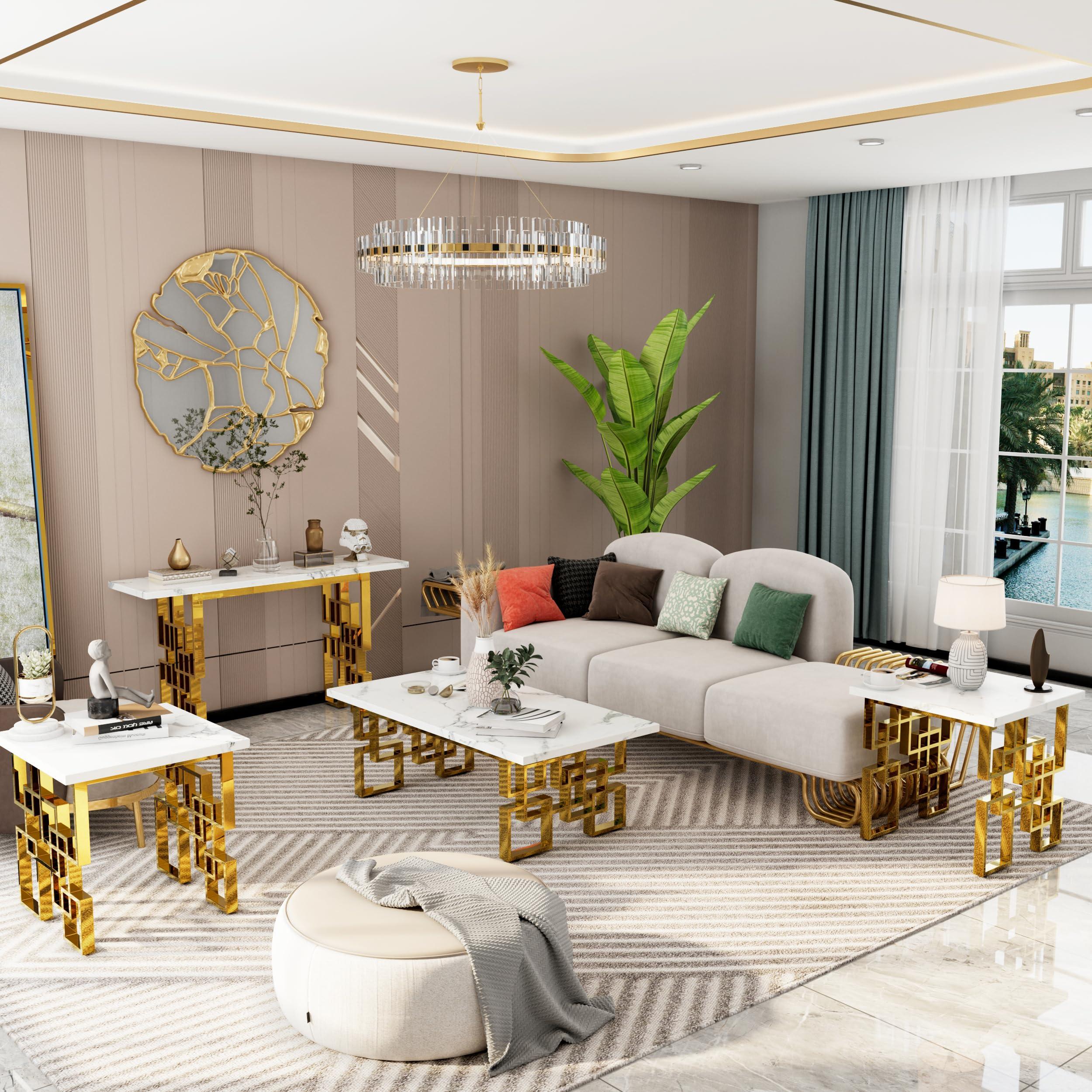 AUZ AUZ 2 Pieces Gold Living Room Table Sets, White and Gold Rectangle Living Room Coffee Tables with Geometric Base, White Coffee Table Set of 2