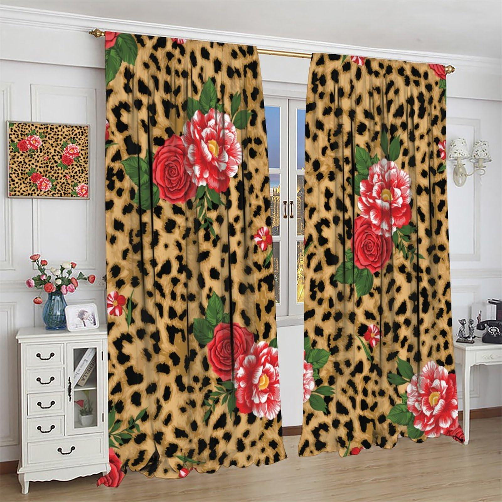 HLLYY Leopard Flower Curtains Pink Red Rose Floral Brown Animal Skin Print Print Blackout Window Drapes for Bedroom Living Room Bathroom W36xL63 Inch x2 Panels
