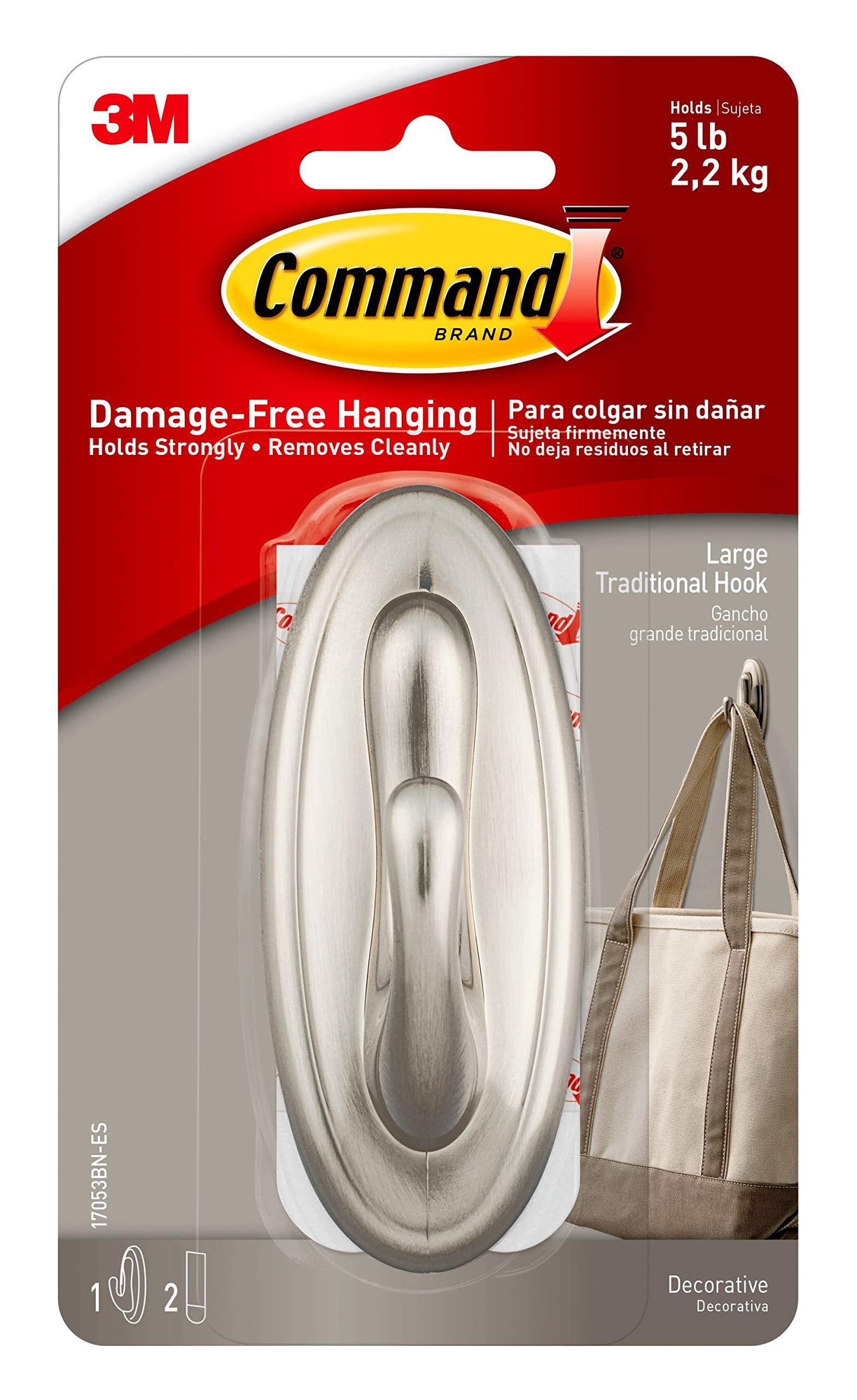 Command Command 5 lb Large Brushed Nickel Color Hooks, 1 Hook and 2 Command Strips, Damage Free Coat Hooks with Adhesive Strips, Traditional Hooks for Hanging Christmas Decorations
