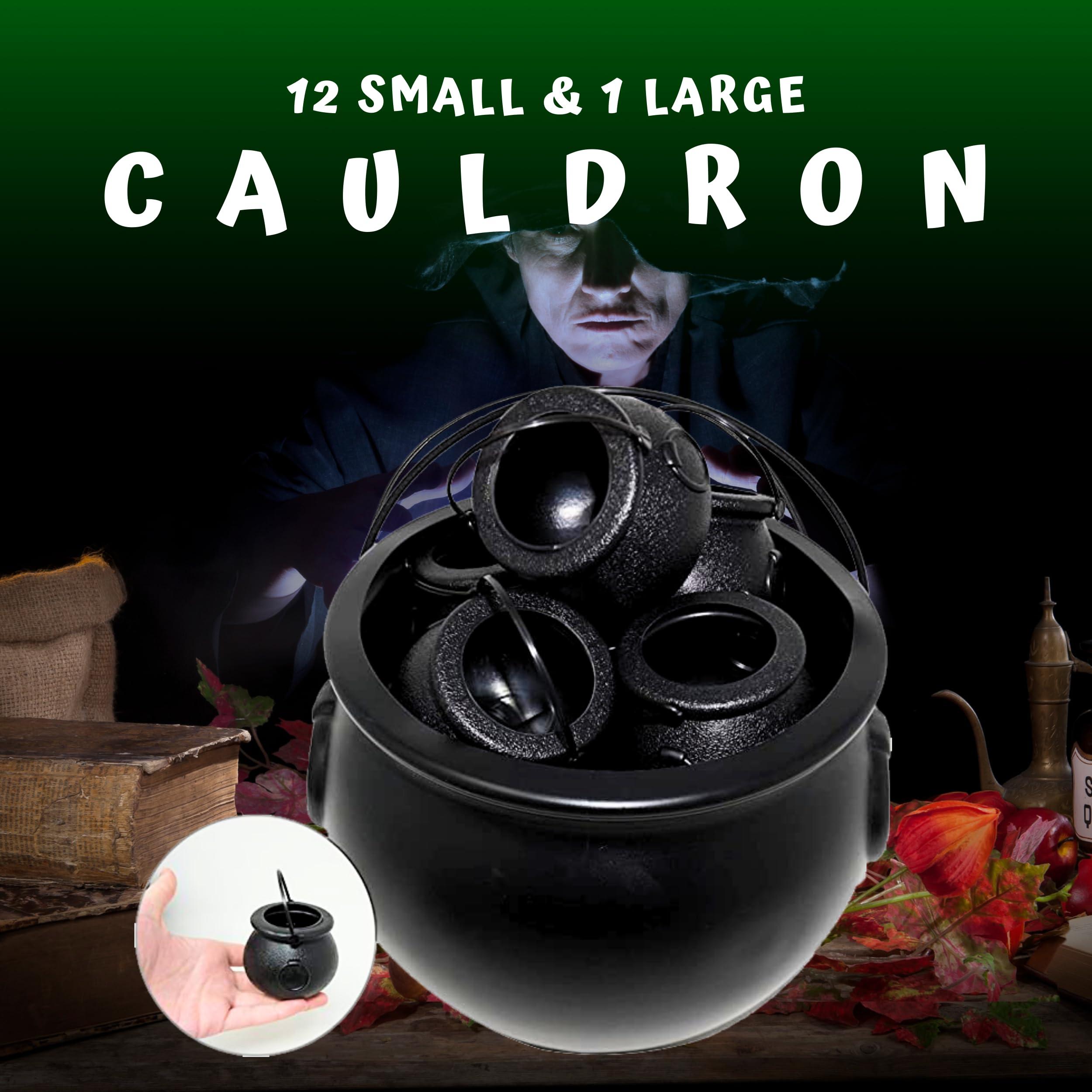 4E\'s Novelty 4E\'s Novelty Black Plastic Cauldrons Bulk - 12 Mini & 1 Large 7.4\" Perfect Halloween Black Cauldron, Cauldron Halloween Candy Bucket, Halloween Mini Cauldron, Trick or Treat Halloween Cauldron Bucket
