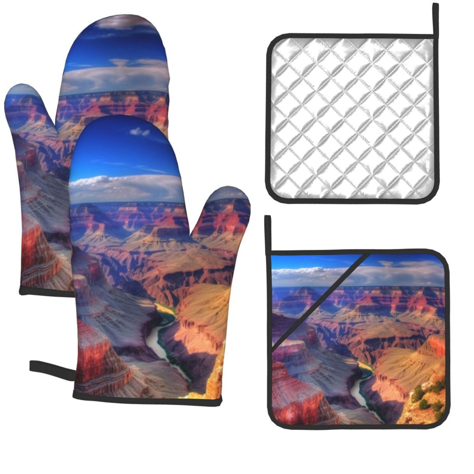 AdaNti Beauty Grand Canyon Print Oven Mitts and Pot Holders 4pcs Set High Heat Resistant Hot Pads Waterproof Oven Gloves BBQ Gloves for BBQ Cooking Baking