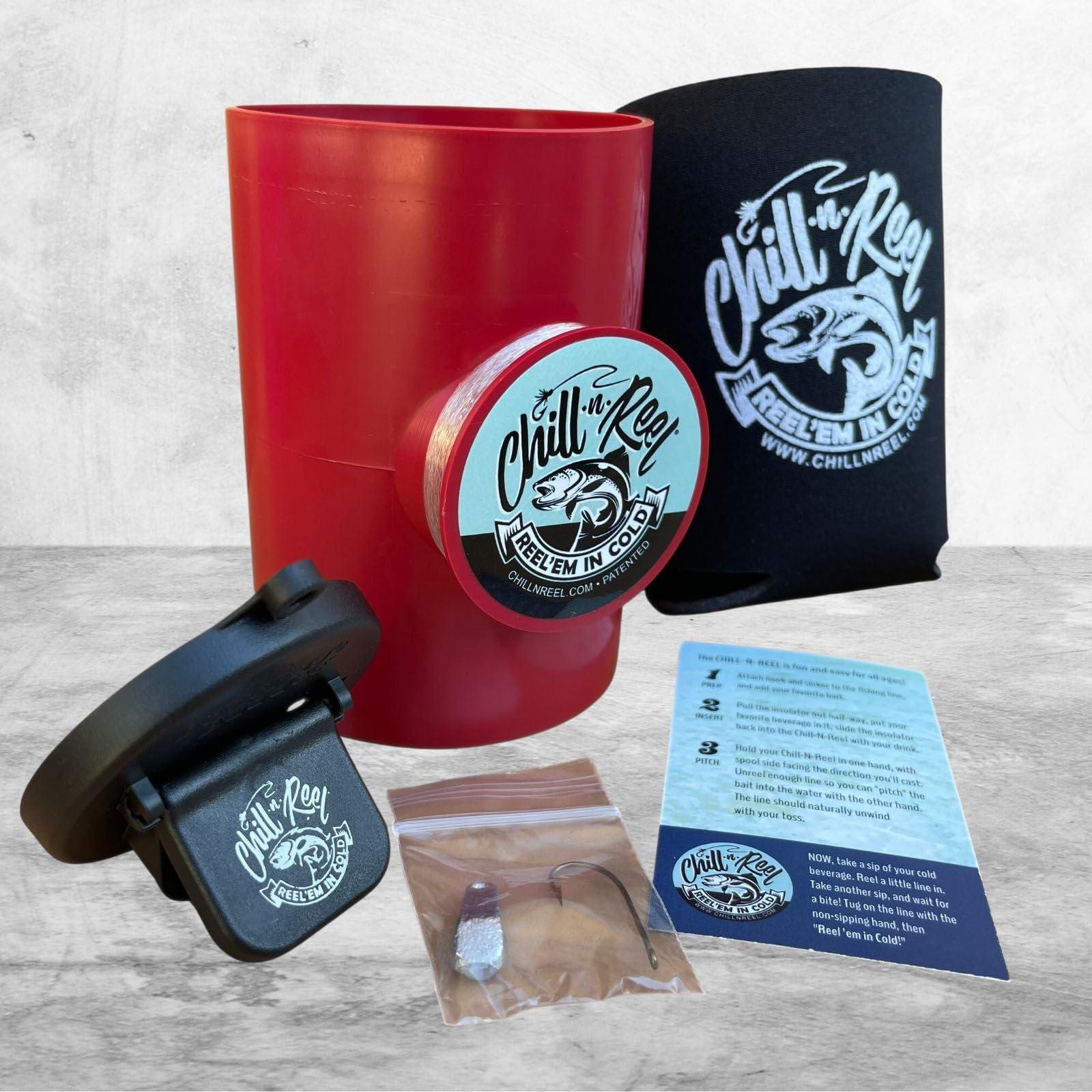 Chill-N-Reel Chill-N-Reel Fishing Can Cooler (from Shark Tank) | Hard Shell Drink Holder with Hand Line Reel Attached | Fits Standard Insulator Sleeves or Coozies | Unique Fun Fishing Gift (Crimson & Spill Guard)