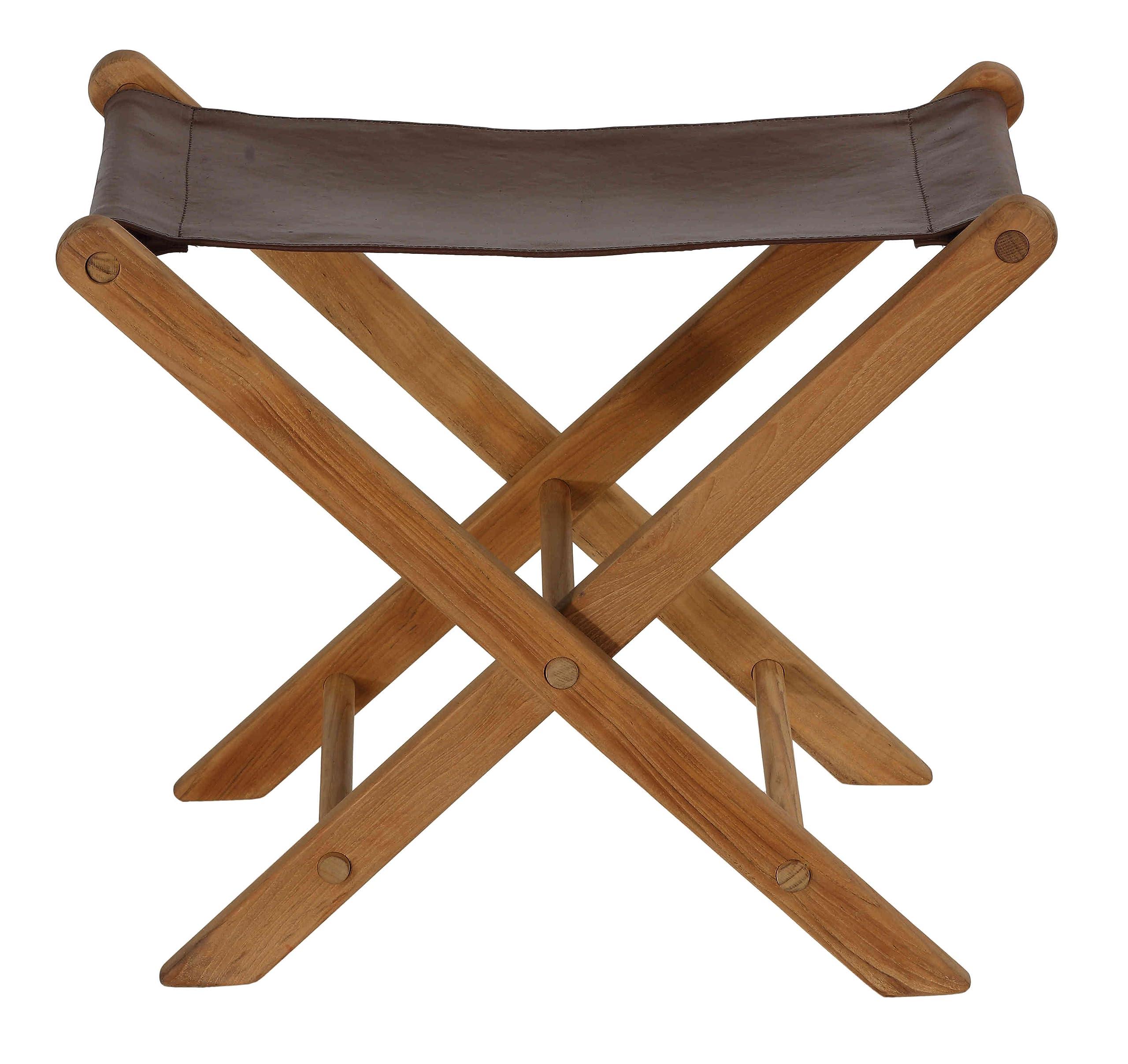 Bare Decor Bare Decor Davie Teak and Leather Folding Accent Stool, 18\", Saddle Brown