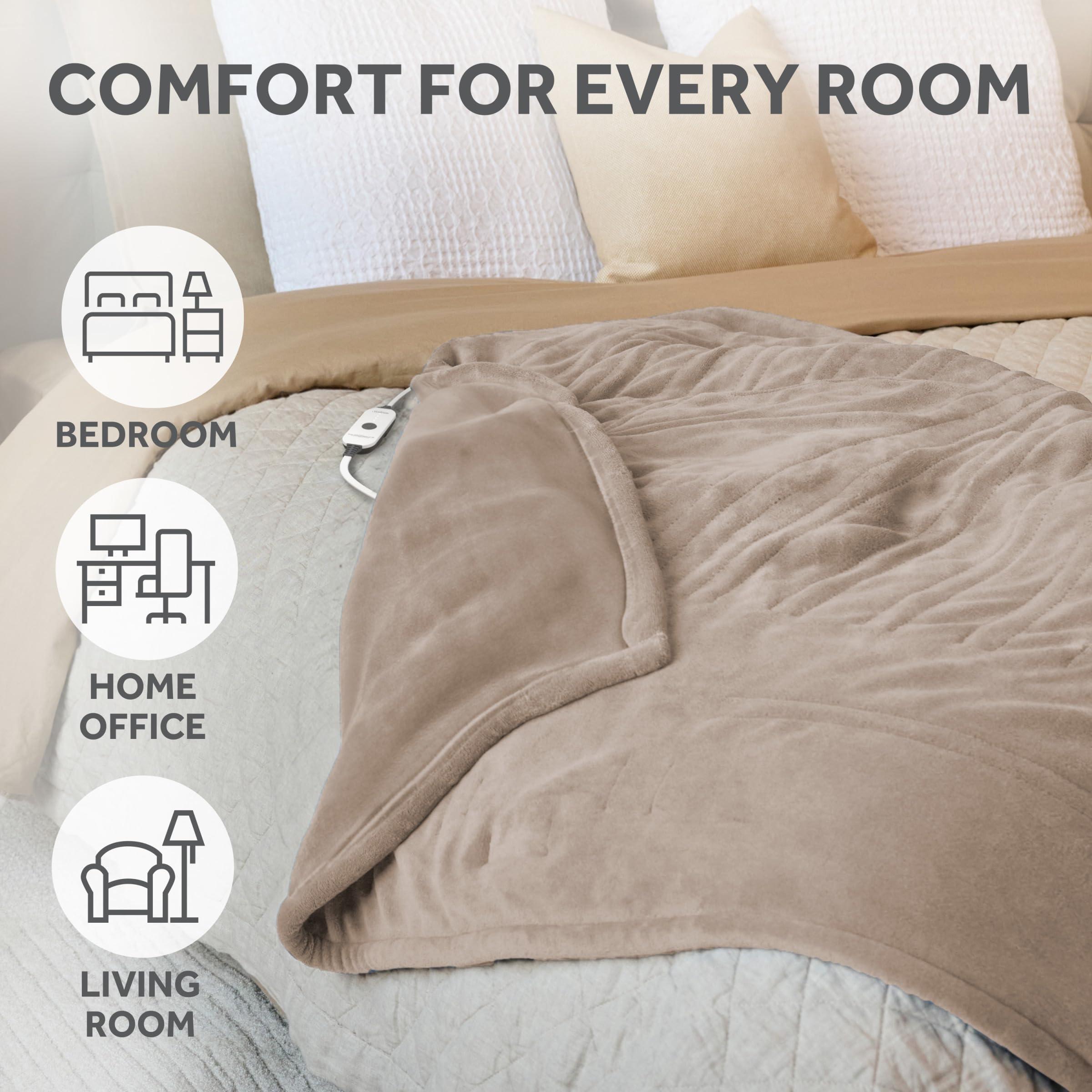 Sunbeam Sunbeam Electric Throw Royal Luxe Microplush Heated Blanket, 4 Heat Settings, 4-Hour Auto Shut-Off, Fast Heating, Warm and Cozy, Peyote Color, 50\" x 60\"