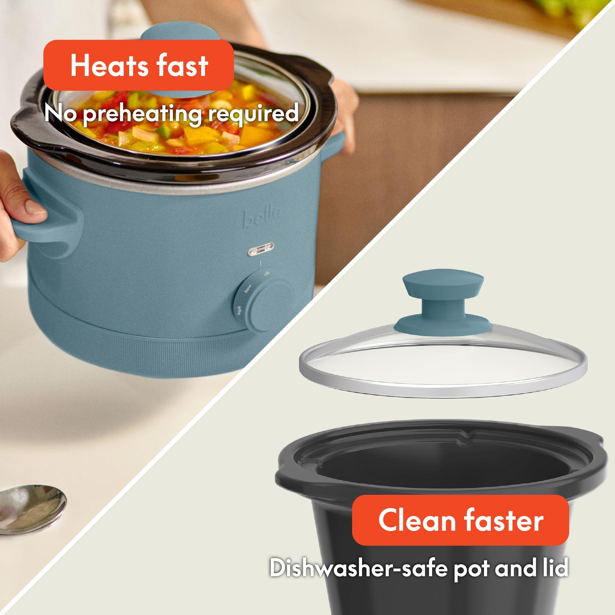 BELLA bella 1.5 Qt Slow Cooker with 3 Heat Manual Control, EverGood Ceramic Nonstick Coating, Dishwasher Safe Stoneware Pot and Tempered Glass Lid, Tangle Free Cord Wrap & Cool Touch Handles, Surf