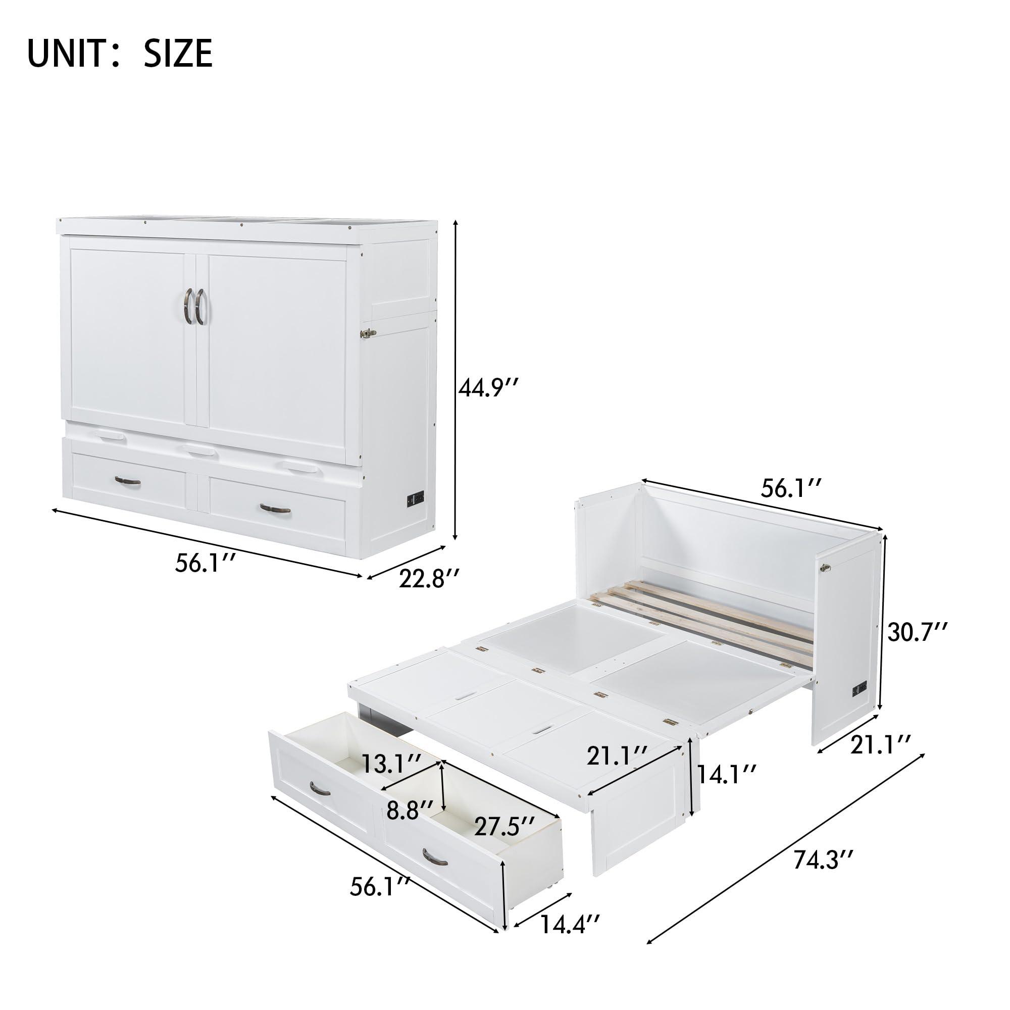 RUNNA RUNNA Full Size Versatility Murphy Bed with Large Drawer,Solid Wood Mobile Murphy Chest Bed with USB Port and Metal Handles. Foldable, Saves Bedroom Space (White#069)