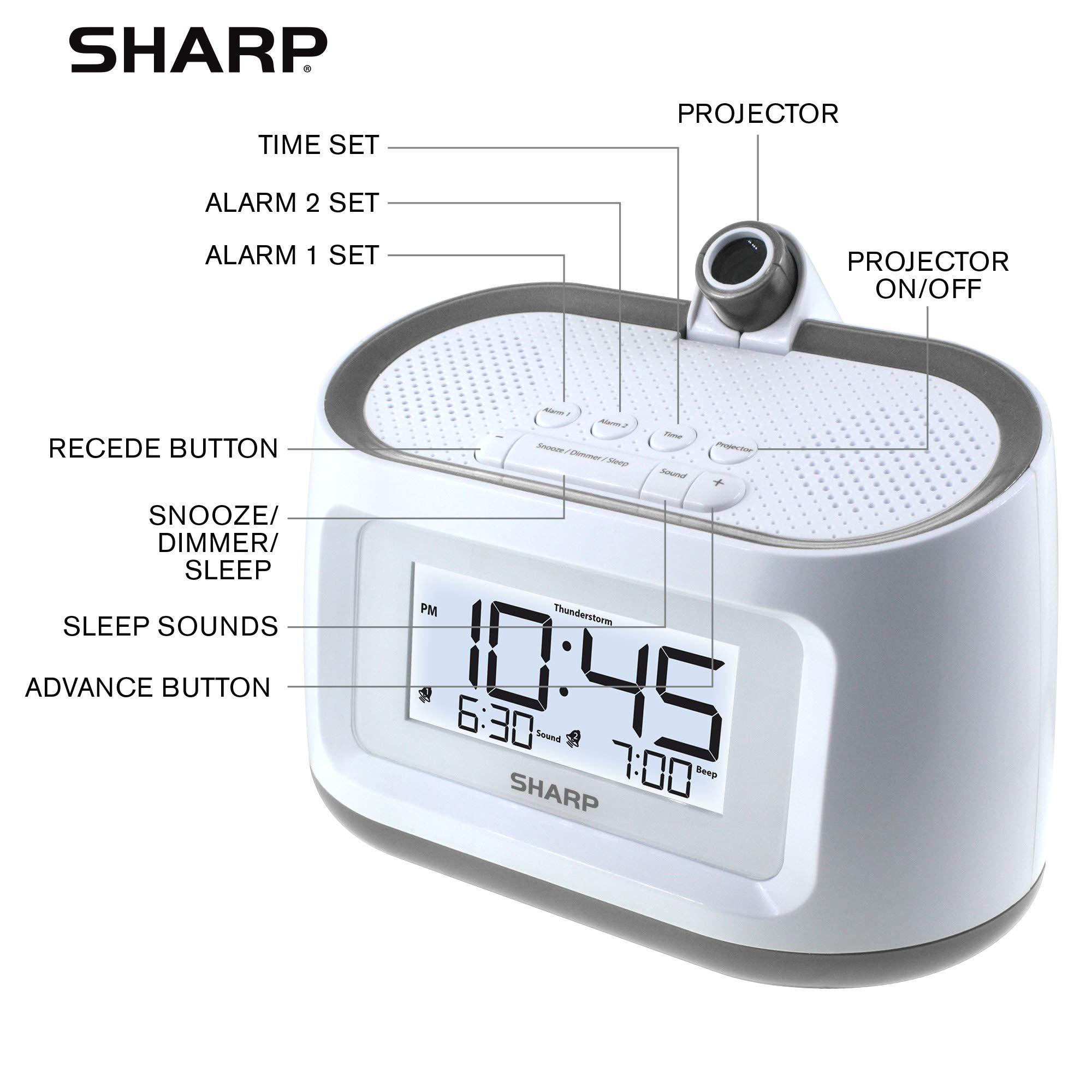 Sharp Sharp Projection Alarm Clock with Soothing Nature Sleep Sounds Easy to Read Projection on Wall or Ceiling 8 Sleep Sounds to Help Fall Asleep Faster, White Case with Gunmetal Trim