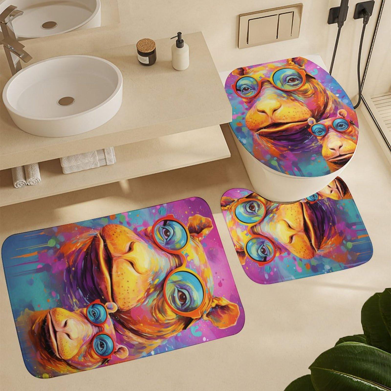Dunmat Dunmat 4 Pieces Colorful Hippo Shower Curtain Set Graffiti Style Glasses Animal Bathroom Decor Sets with Rugs Bathroom Accessories Set Bathroom Curtain Shower Set with 12 Hooks