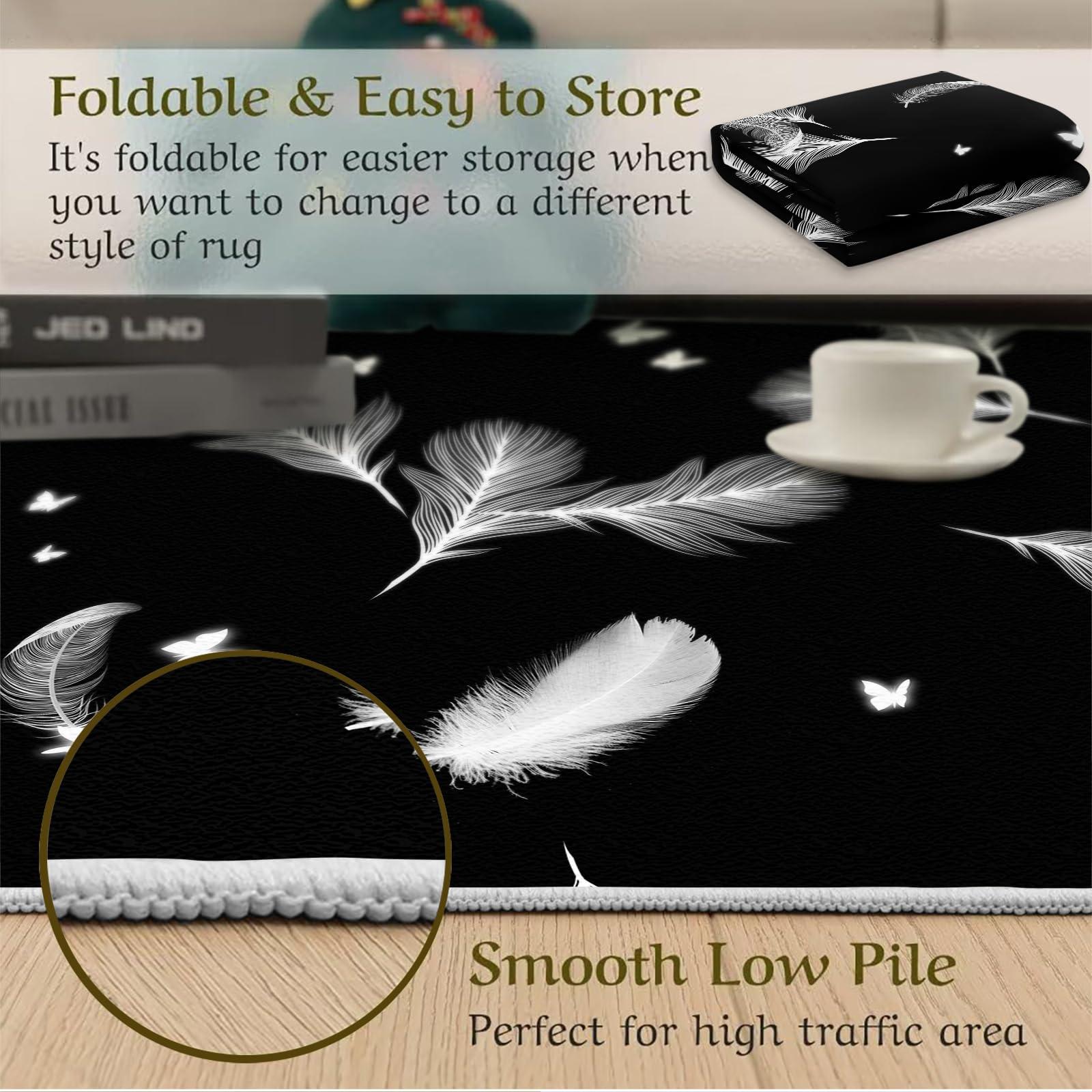 DUPIELU Fashion Black Area Rugs, Modern Abstract White Feather Butterfly Print Large Indoor Machine Washable Rug, Non-Slip Easy Clean Carpet for Living Room Bedroom Kitchen Hallway Entry 8x10ft