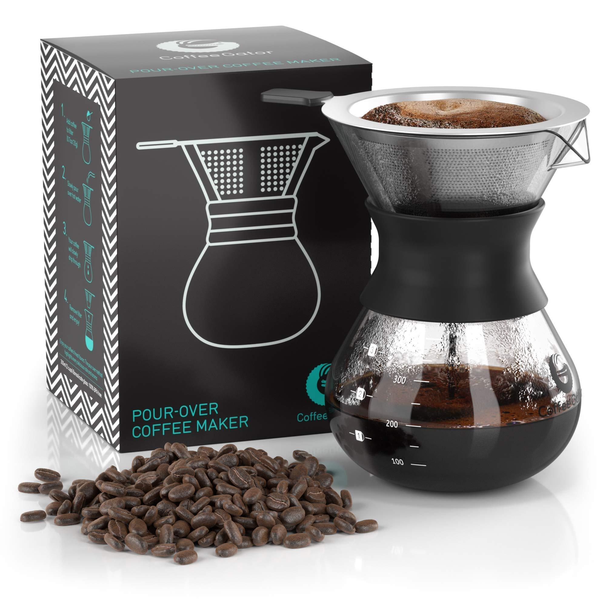 Coffee Gator Coffee Gator Pour Over Coffee Maker - 10.5 oz Paperless, Portable, Drip Coffee Brewer Pour Over Set w/Glass Carafe & Stainless-Steel Mesh Filter, 300ml Black