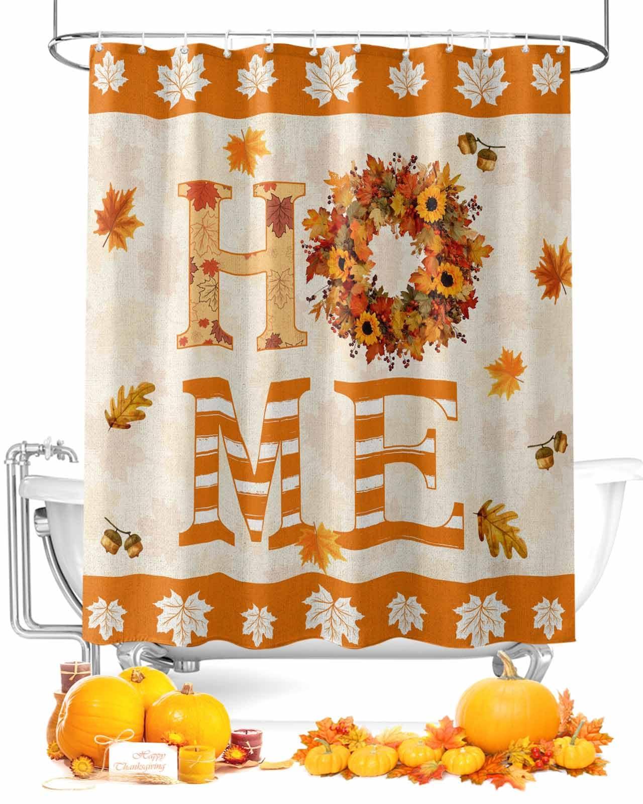 Yukro Fall Home Shower Curtain 36x72 Inch, Thanksgiving Farmhouse Maple Leaves Waterproof Bath Curtain with 12 Hooks, Home Marple Leaves Washable Polyester Wrinkle Free Shower Curtains for Bathroom Decor