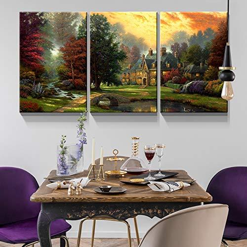 Denozer Denozer - 3 Panels Canvas Wall Art Thomas Kinkade Garden Landscape Oil Painting for Home Decor Stretched and Framed Ready to Hang - 18"x24"x3 Panels Wall Decor