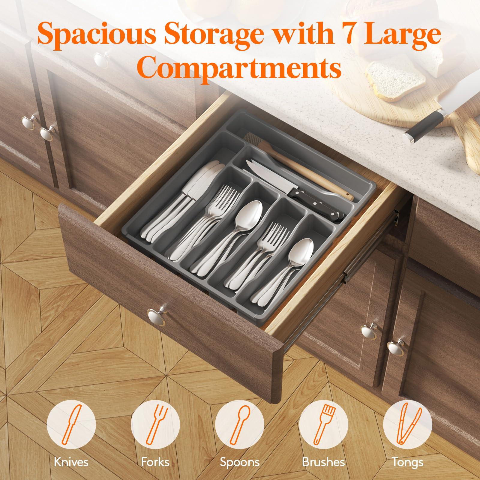 Lifewit Lifewit Silverware Drawer Organizer Tray, Plastic Cutlery Storage for Kitchen Drawer, Flatware and Utensil Holder Divider for Spoons Forks Knives Tableware, 7 Compartment, Gray