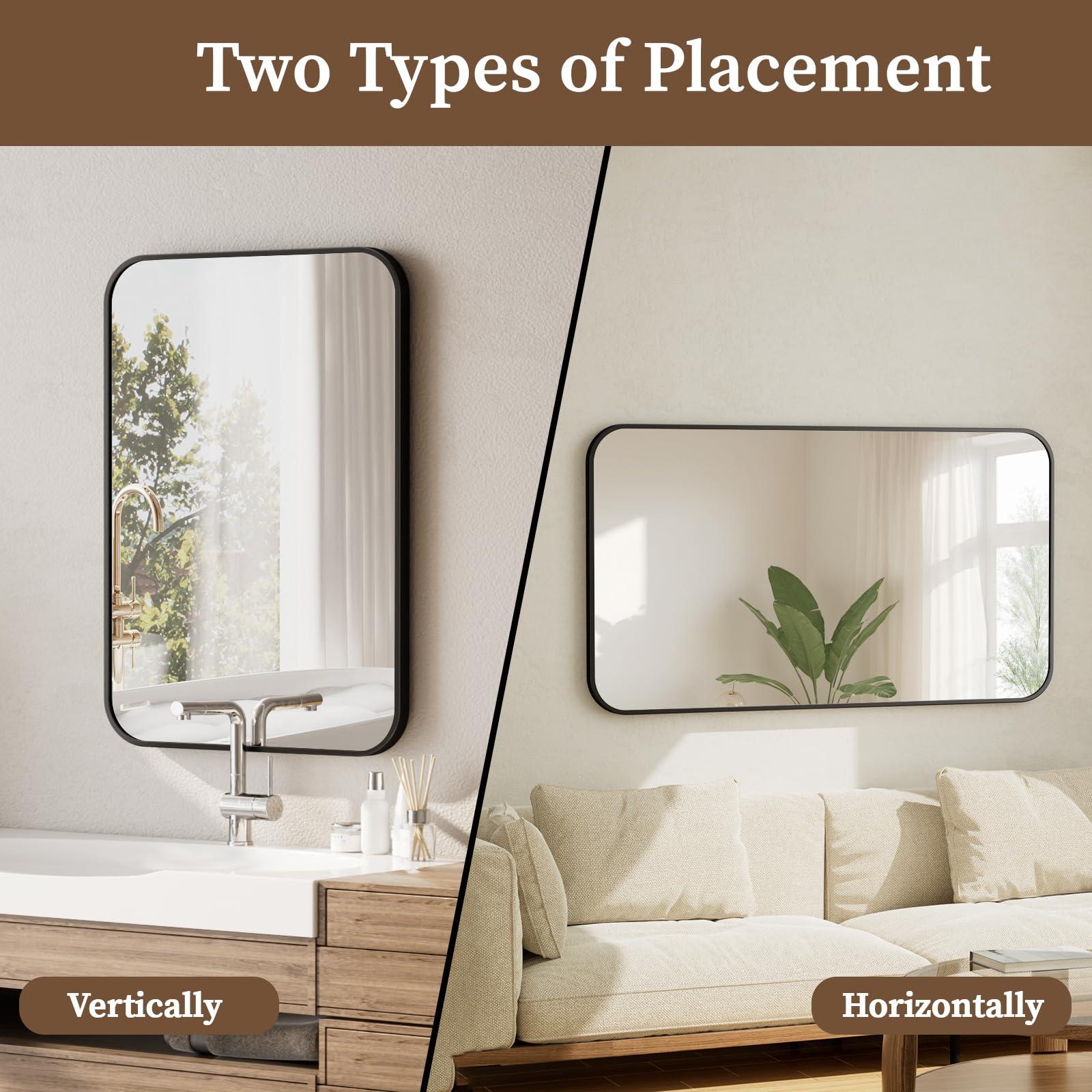 BEAUTYPEAK BEAUTYPEAK 26" x 38" Rectangular Aluminum Alloy Frame Wall Mounted Bathroom Mirror with Rounded Corners, Black