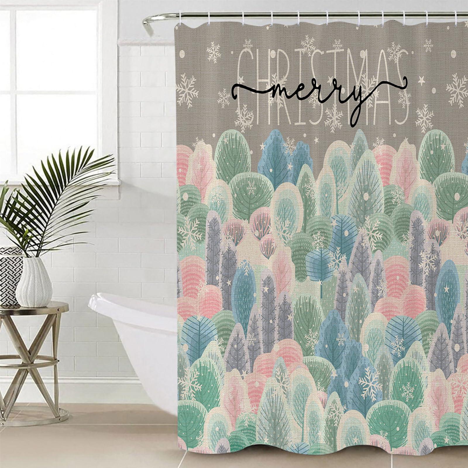 ZOE GARDEN Christmas Bathroom Set with Shower Curtain Rug Accessories,72x72 Inches Long Curtain with Large Bath Mat,Washable Floor Runner Rug Set,Hooks Winter Forest Snowy Xmas Rainbow Tree Snowflakes