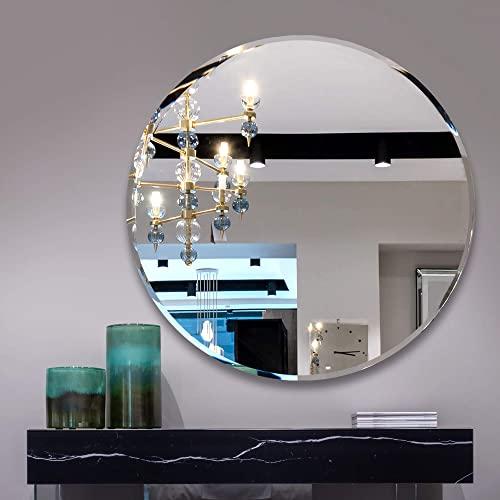 Fab Glass and Mirror Fab Glass and Mirror Round Frameless Safety Backing 1" Beveled Edge Mounted with Hooks-Bathroom Wall Mirror 18"x18", 18" x 18", Silver