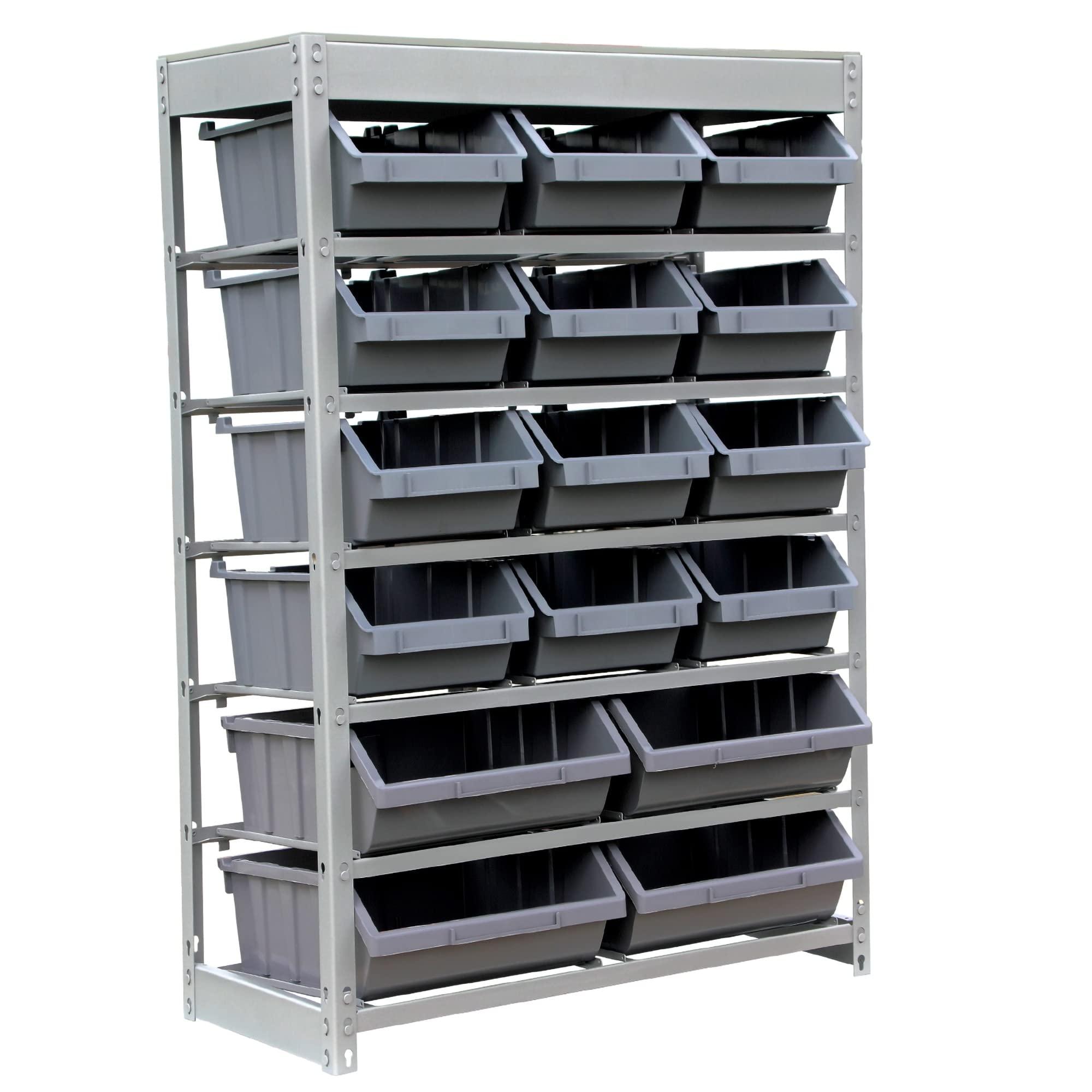 HomeLoft Basics Rack Bin Storage System Heavy Duty Steel Organizer Shelving Unit W/ 16 Plastic Bins in 6 Tiers. Grey Metal