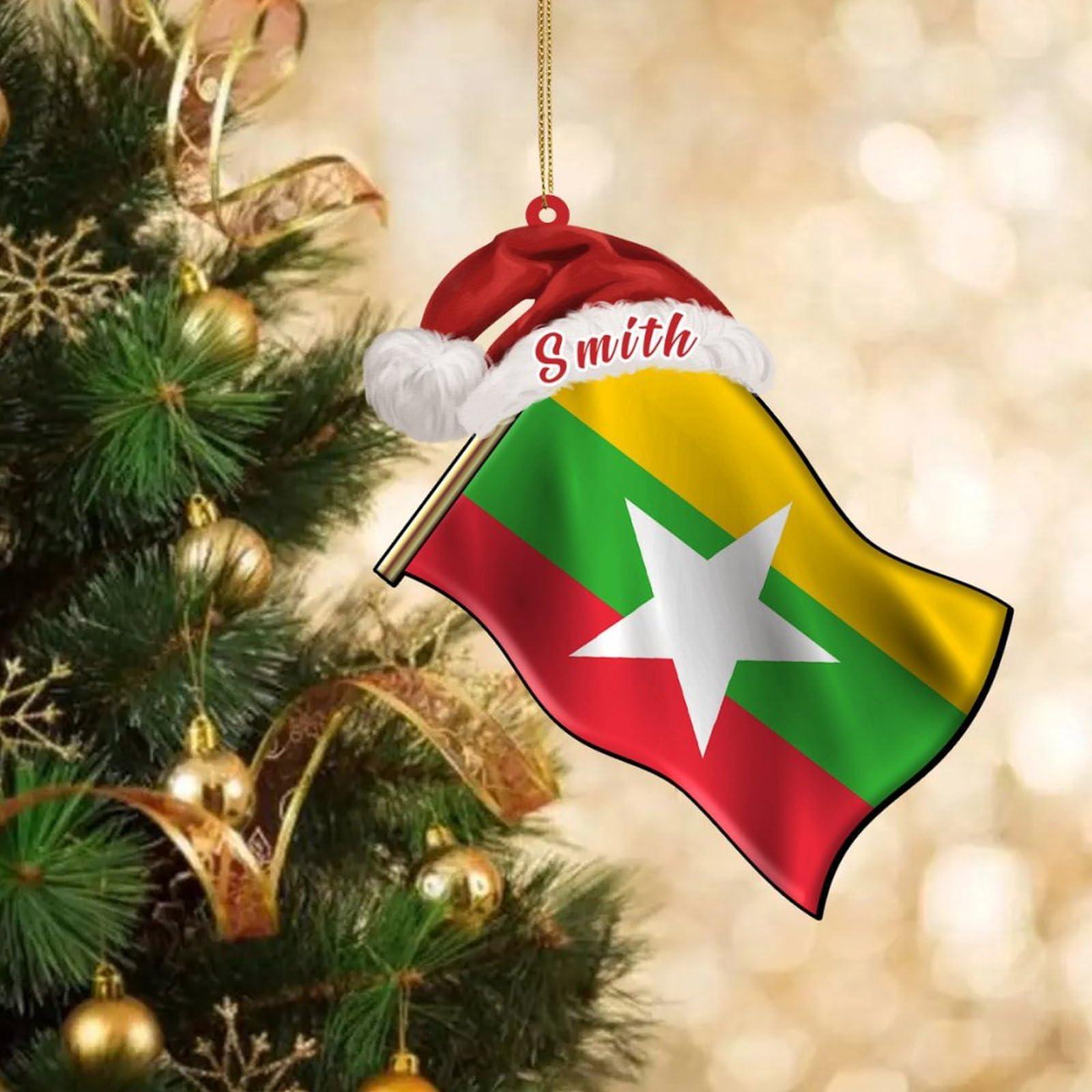 UanMere Burma Flag Acrylic Christmas Ornament Country Keepsake for Travel Friends for Burma Brother Memorial National Day Burma Personalized Acrylic Keepsake
