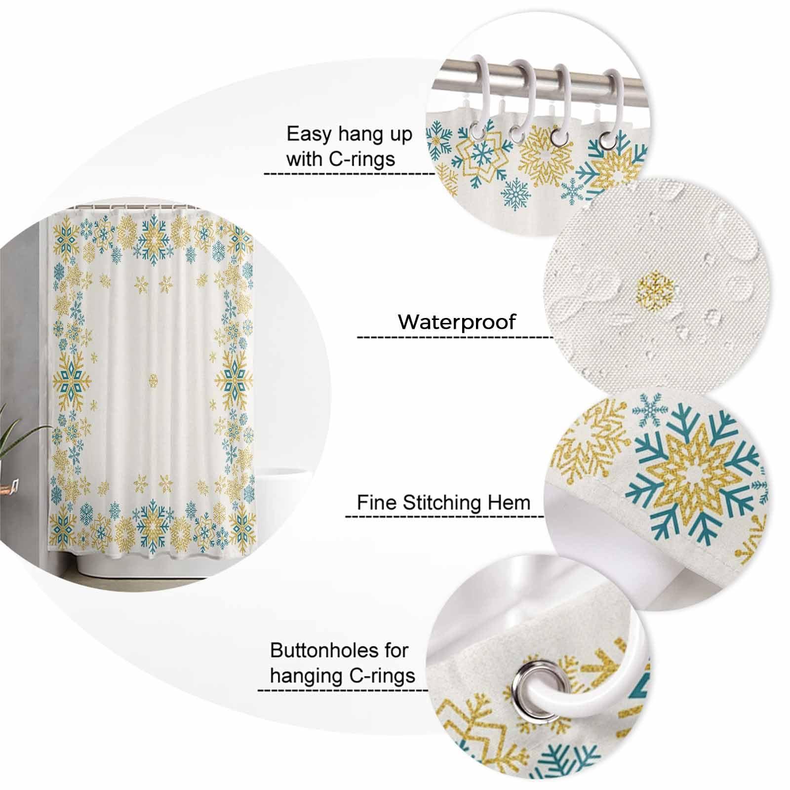 ZOE GARDEN Christmas Farmhouse Shower Curtain Set with Hook 36\"x72\",Washable Cloth Polyester Fabric Shower+Curtain,Waterproof Bath Curtains for Bathroom,Bathtubs Accessories Winter Xmas Snowflakes Turquoise Gold