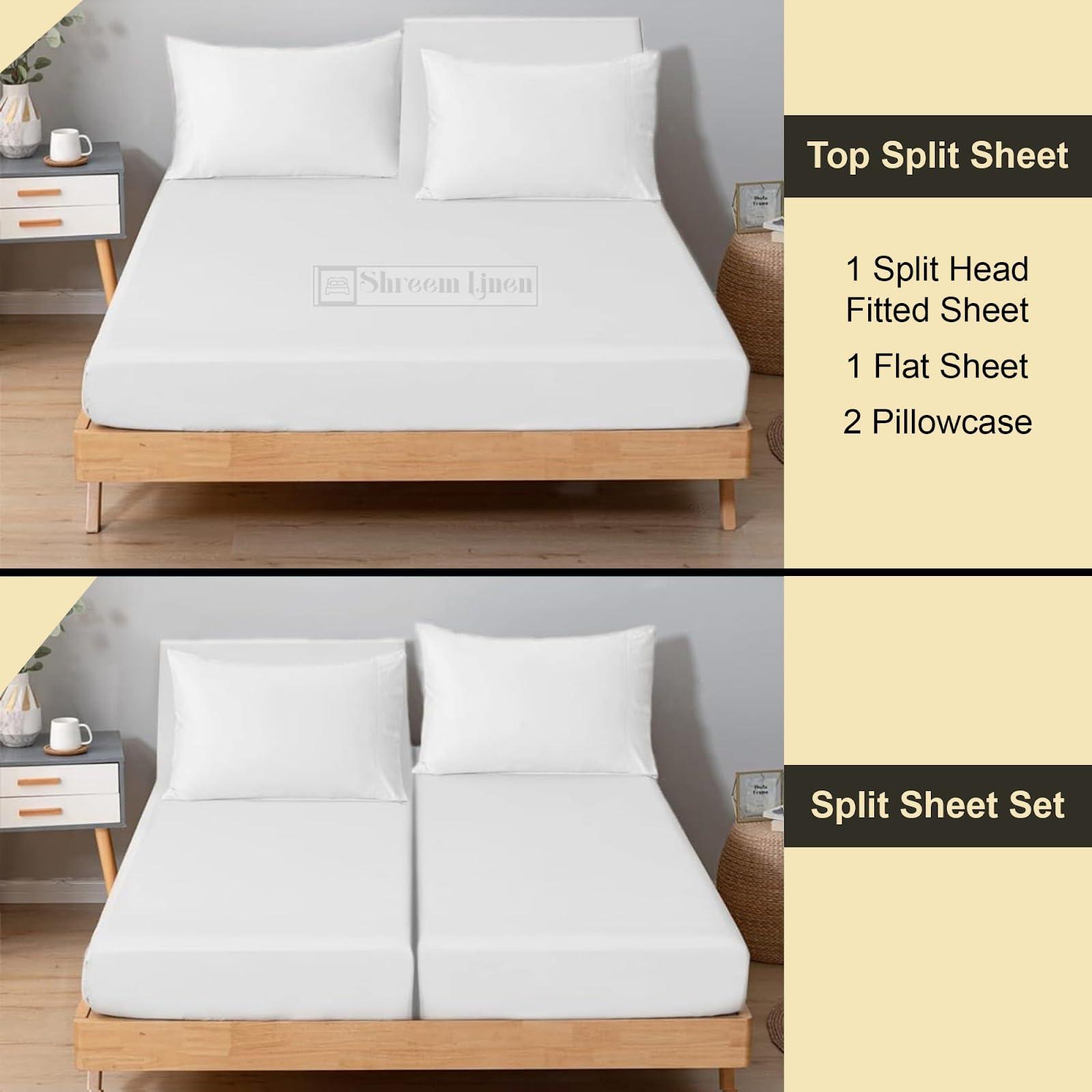 Shreem Linen Split Head Flex King Sheets for Adjustable Beds, Flex Top King Sheets for Sleep Number Bed 100% Egyptian Cotton - 4Pcs Sheet Set -36\" Top Split Sheets to fit Upto 16\" Deep Mattress (White Solid)