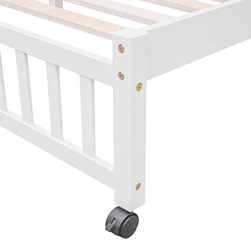 Brabrety Twin Over Full Wooden Bunk Bed with Six Drawers and Three Flexible Shelves, Bottom Platform Bed with Wheels can Movable.Suitable for children\'s and teenagers\' bedrooms or dormitories (White#V)