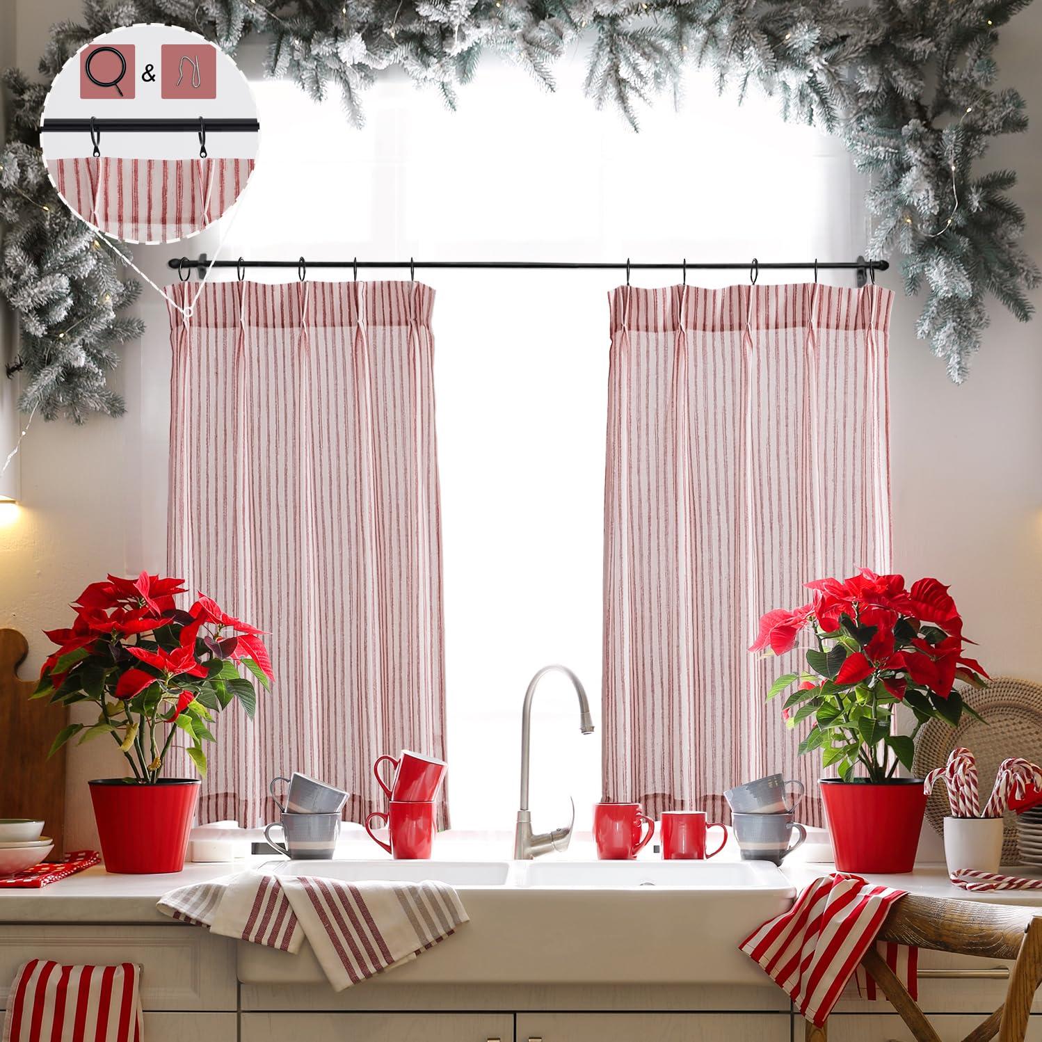 LIMON HOME LIMON HOME Red Kitchen Curtains 36 inch Length,Burgundy Striped Pinch Pleat Curtain,Christmas Curtains for Kitchen RV Basement Window with Hooks Rings 2 Panels Set