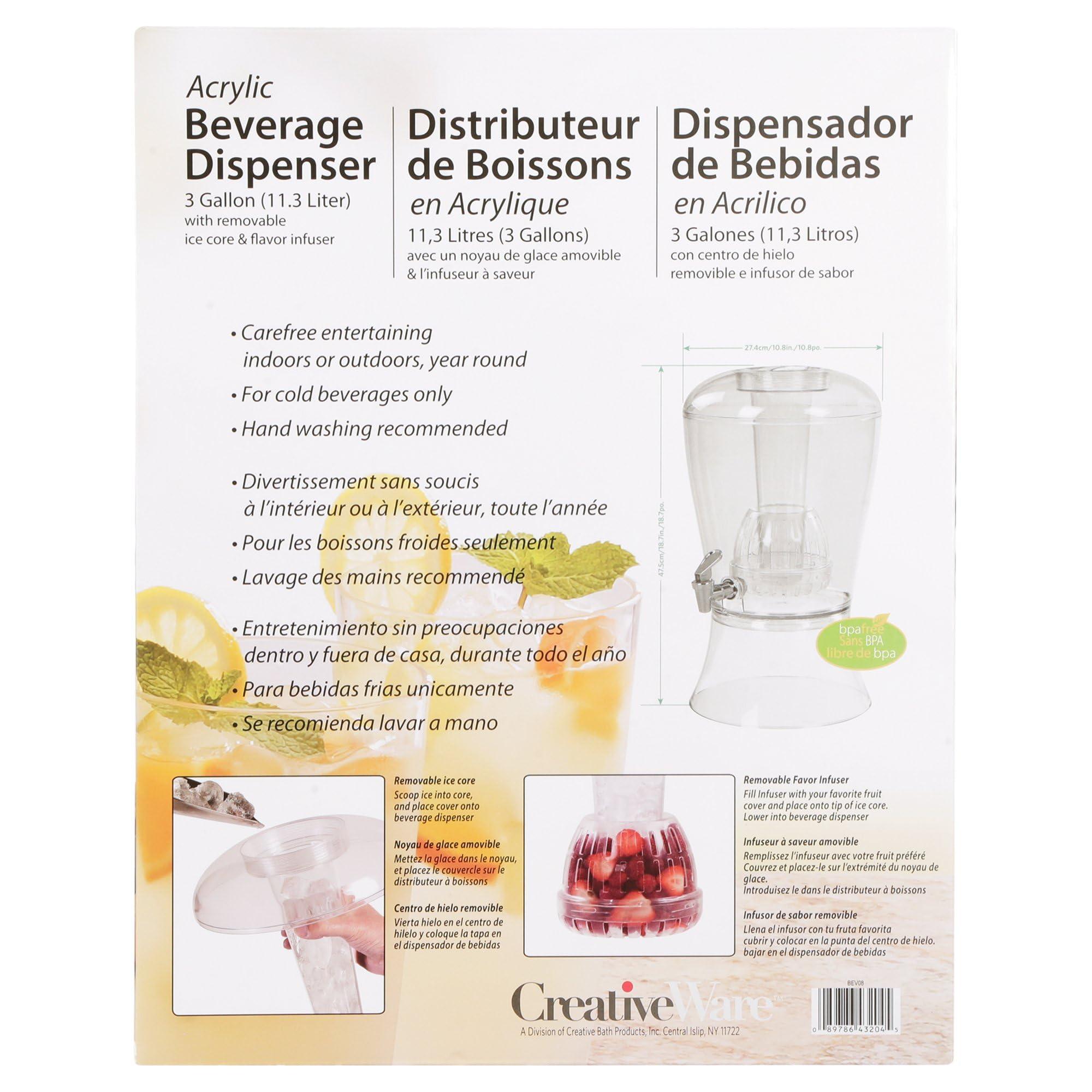 CreativeWare CreativeWare Beverage Dispenser with Ice Cylinder and Fruit Infuser, 3 Gallon, Clear