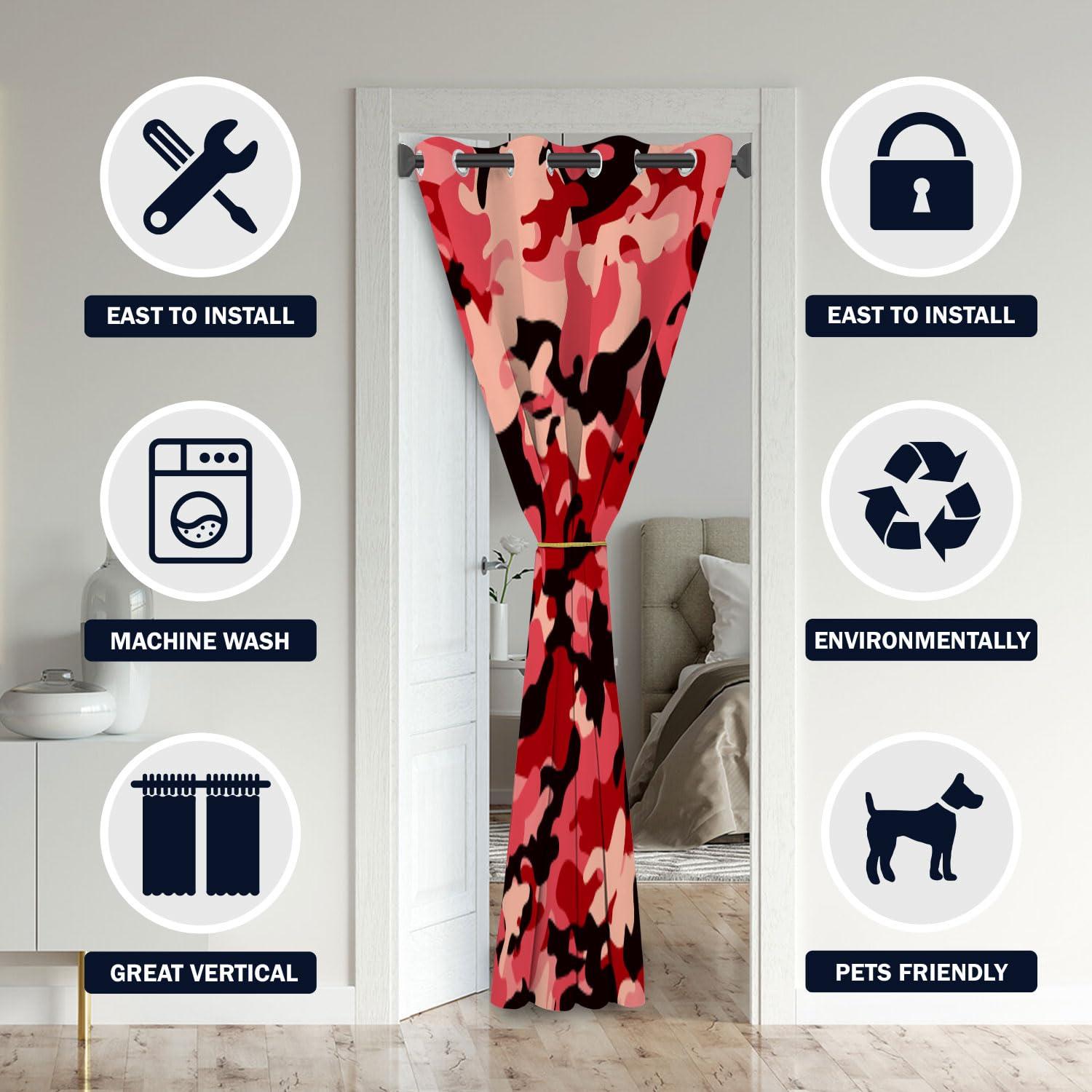 Czrouz Camo Red Door Curtains for Doorways, Abstract Black Pink Hunter Army Camouflage Blackout Curtain for Kids Bedroom Closet, Grommet Thermal Insulated Privacy Door Drapes for Room Divider, 42" W x 80" L