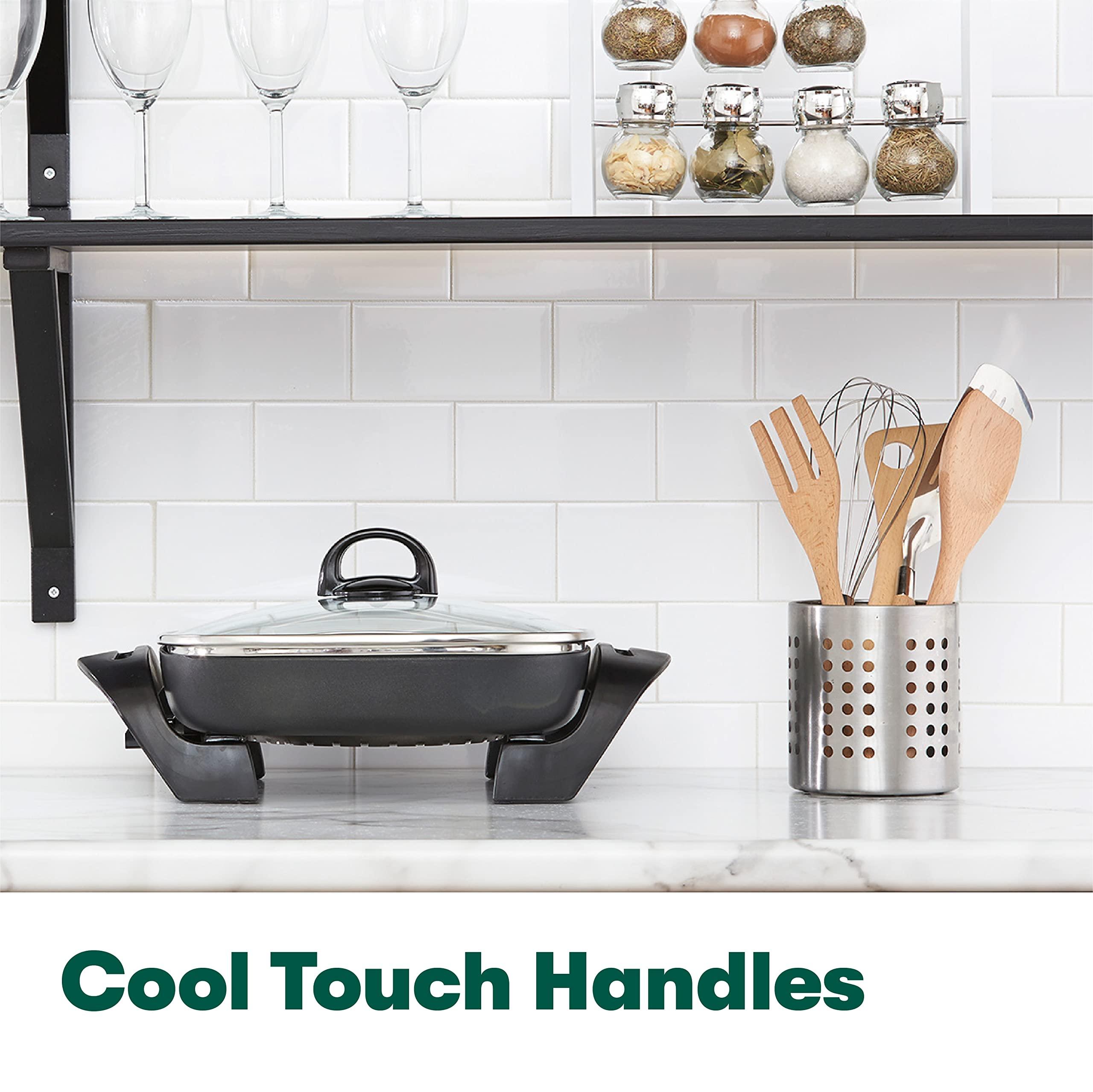 BELLA bella Electric Skillet and Frying Pan with Glass Lid, Nonstick Coating, Cool Touch Handles, Removable Heating Probe, Dishwasher Safe, 12 x 12 inch, Black, PFOA & PTFE Free