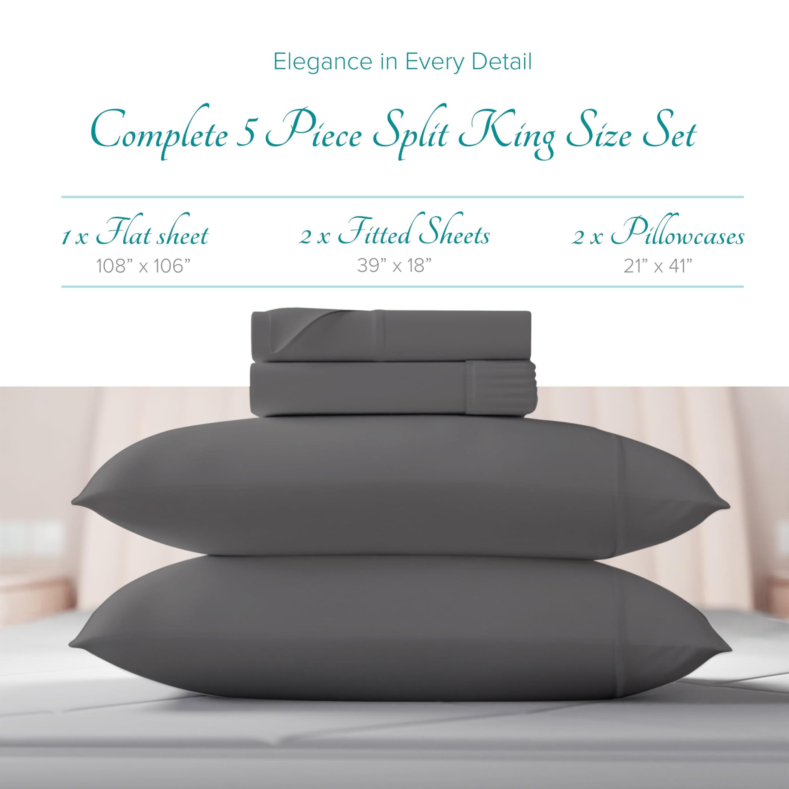 Carressa Linen Carressa Linen 100% Egyptian Cotton Split King Sheets Sets for Adjustable Bed - 800 Thread Count 5 PC Top Split King Sheet for Sleep Number Bed, Soft Cooling Sheets, Fits Mattress Upto 18\" - Dark Grey