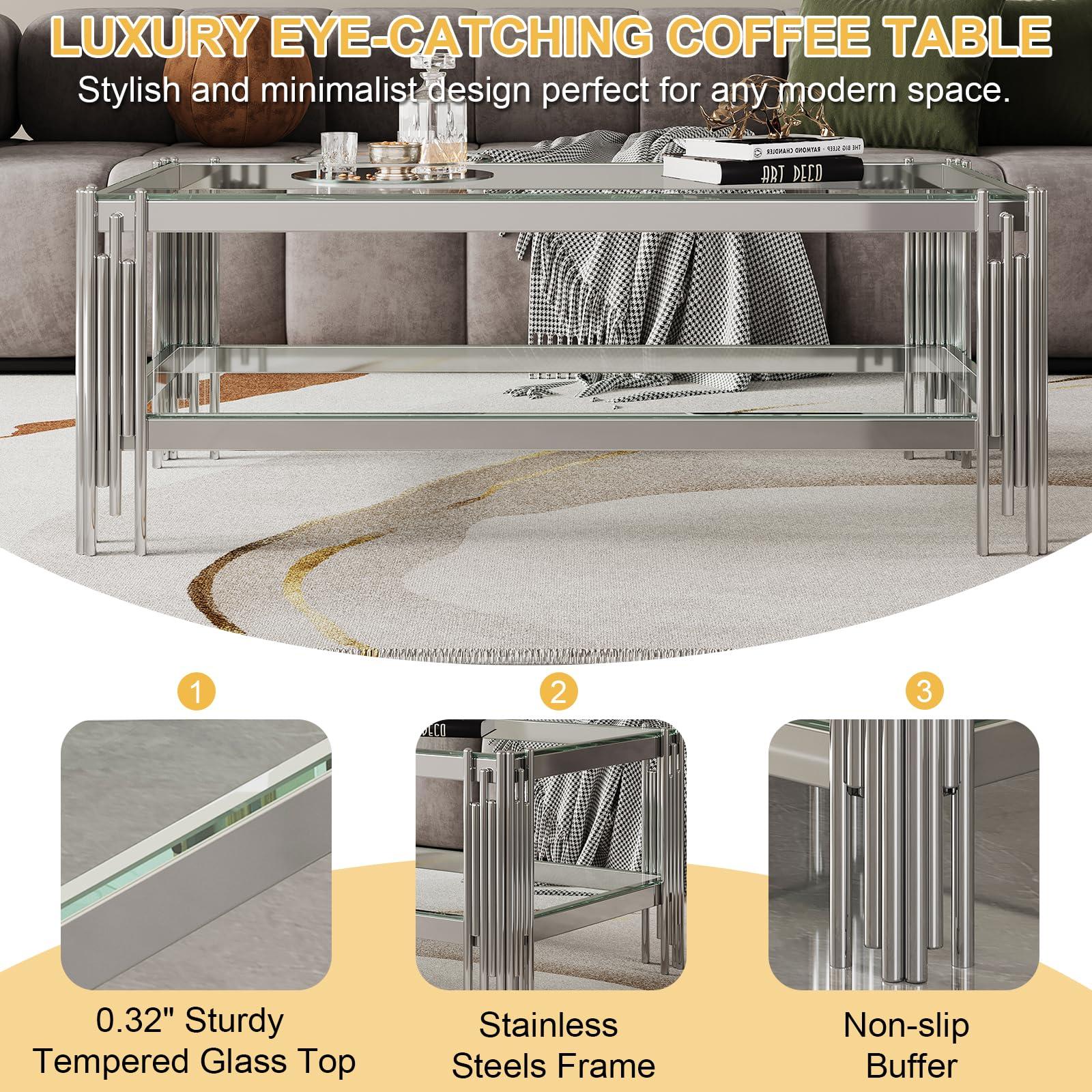 Henf 47.24" Glass Coffee Table, Luxury 2-Tier Center Coffee Table with Silver Stainless Steel Frame, Modern Rectangle Center Table Accent Cocktail Table with Low Storage Shelf for Living Room
