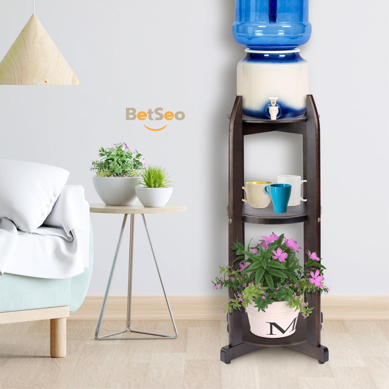 LASIDO Natural Solid Wood Water Dispenser Stand (32.8"Hight-11.2"Wide) Ceramic Water Dispenser Floor Stand, 5 Gallon Water Jug Stand with 3 Round Shelfs Included for 1-5 Gallon Water Bottles/Crocks/Water Jug