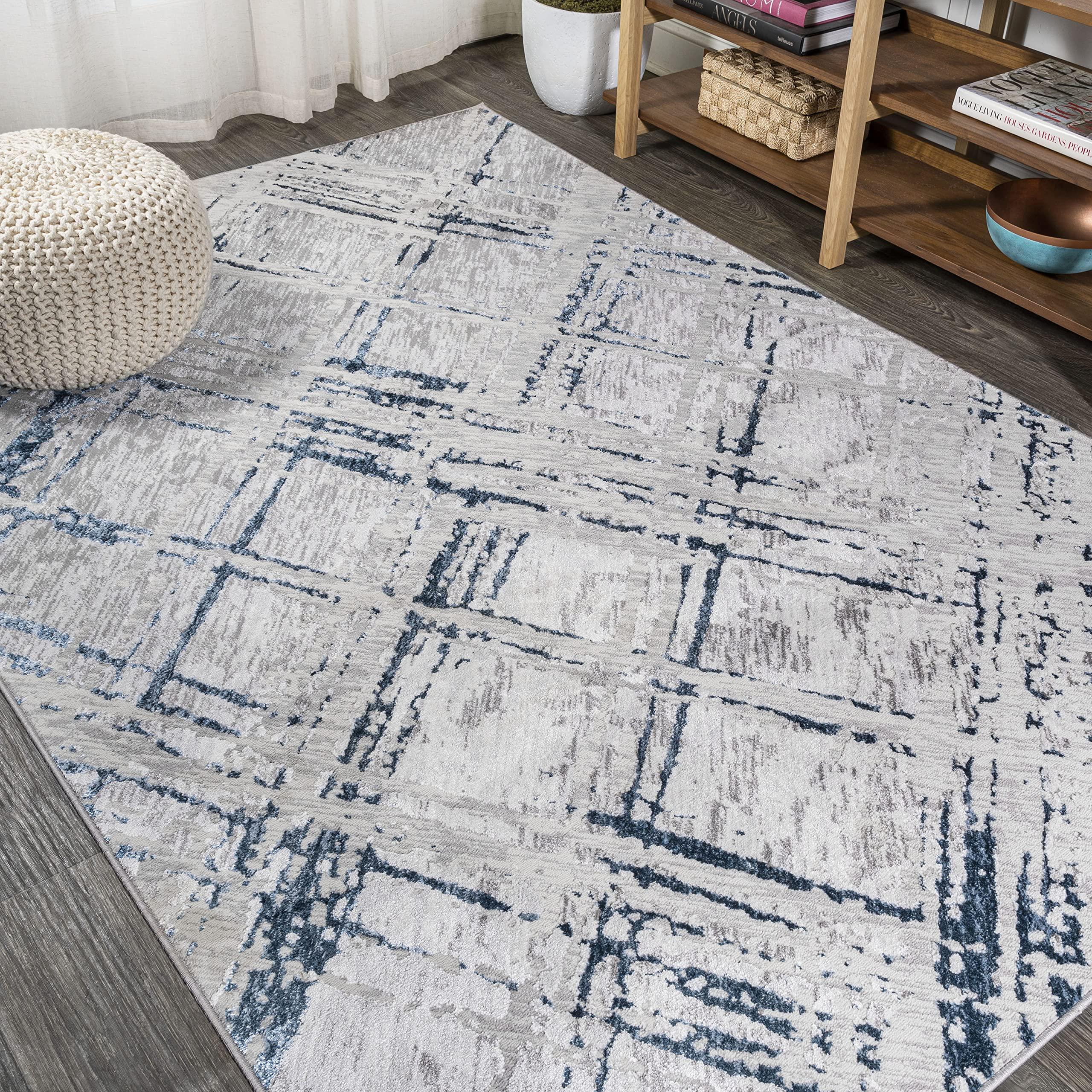 Eyely Eyely ROS201B-3 Silk Orchid Slant Modern Abstract Indoor Area Rug Transitional;Contemporary;Solid & Striped, Bedroom, Kitchen, Living Room, Easy-Cleaning, Non-Shedding, 3 X 5, Gray/Blue