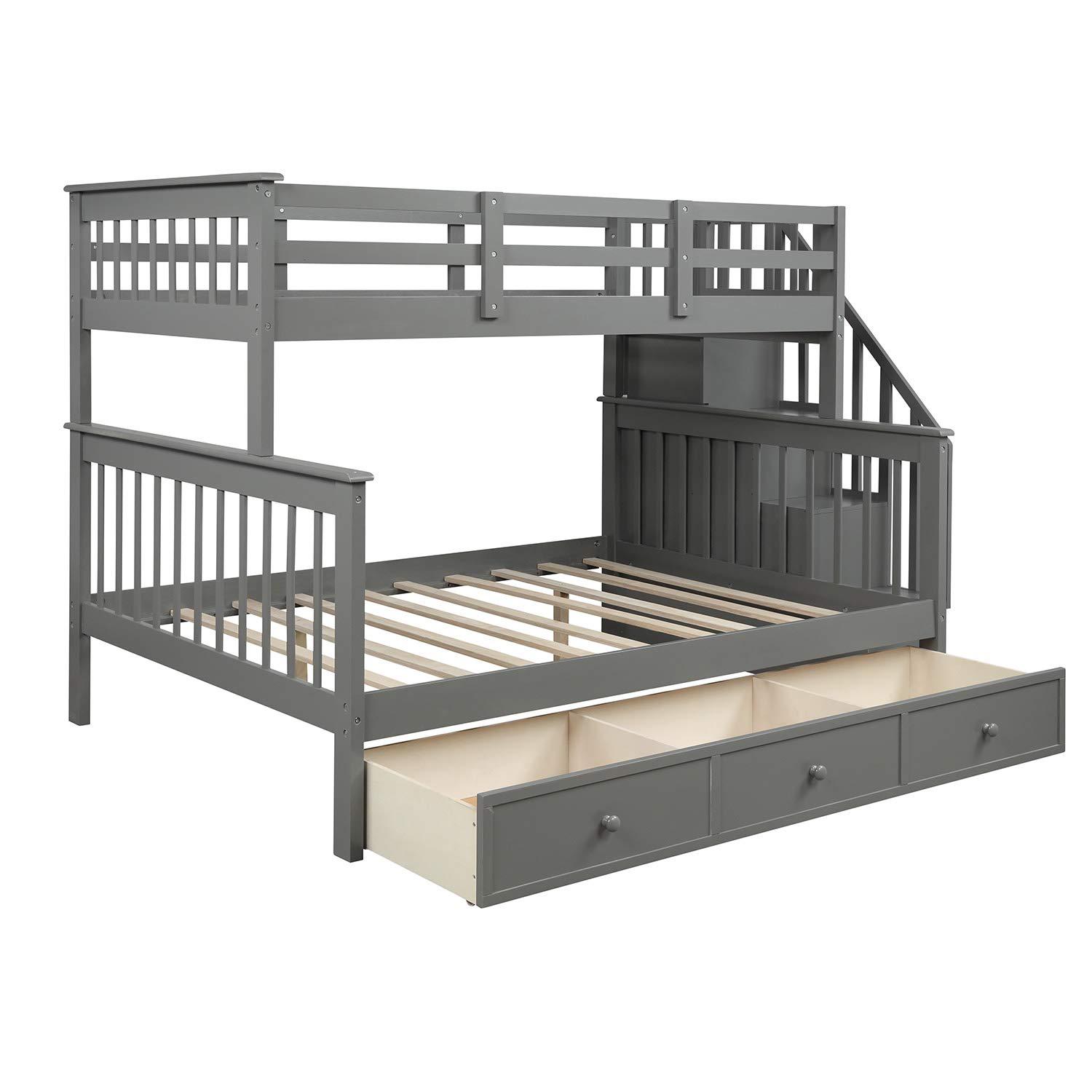 RUNNA Stairway Bunk Bed with 3 Drawers, Solid Wood Twin Over Full Bunk Bed with Storage Shelf and Guard Rail for Kids/Adults, Can be Divided Into Two Individual Beds, No Box Spring Needed (Gray)