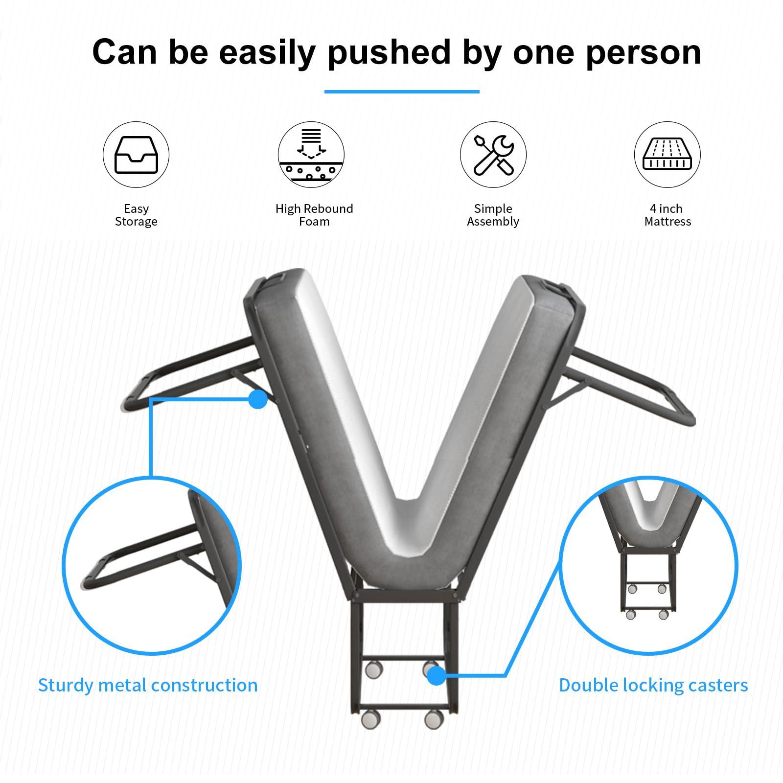 PUREMIND PUREMIND Folding Bed with Mattress for Adults, Portable Rollaway Guest Beds with 4\" Memory Foam Mattress & Metal Frame, Twin Size Foldable Bed Fold Away Bed Space Saving