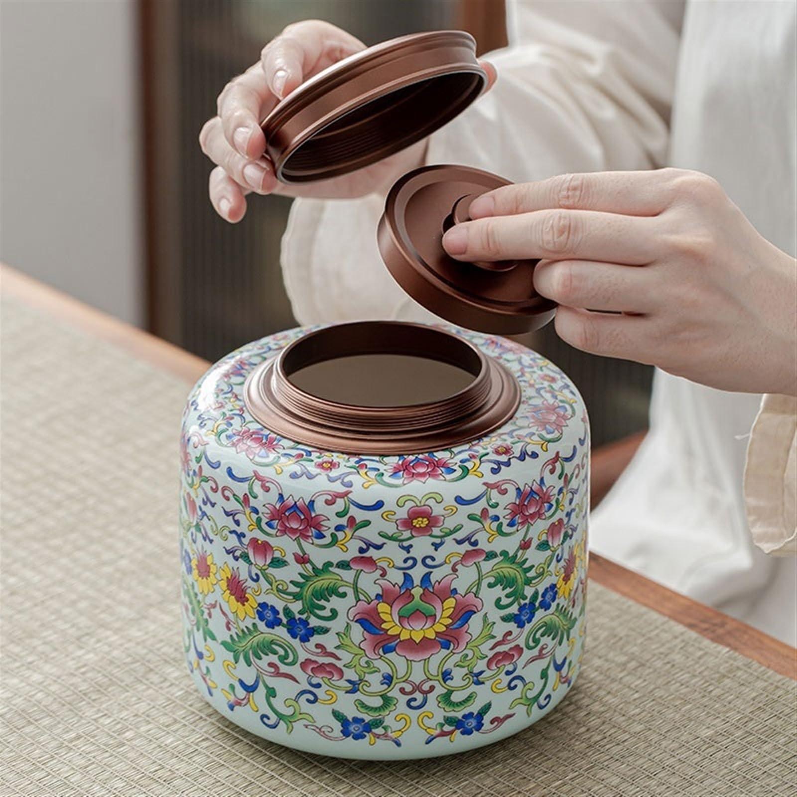 GRFIT Tea Tin Beautiful Enameled Loose Leaf Tea Canister Ceramic Double Lid Sealed Canister Large Premium Tea Warehouse Loose Tea Storage Containers