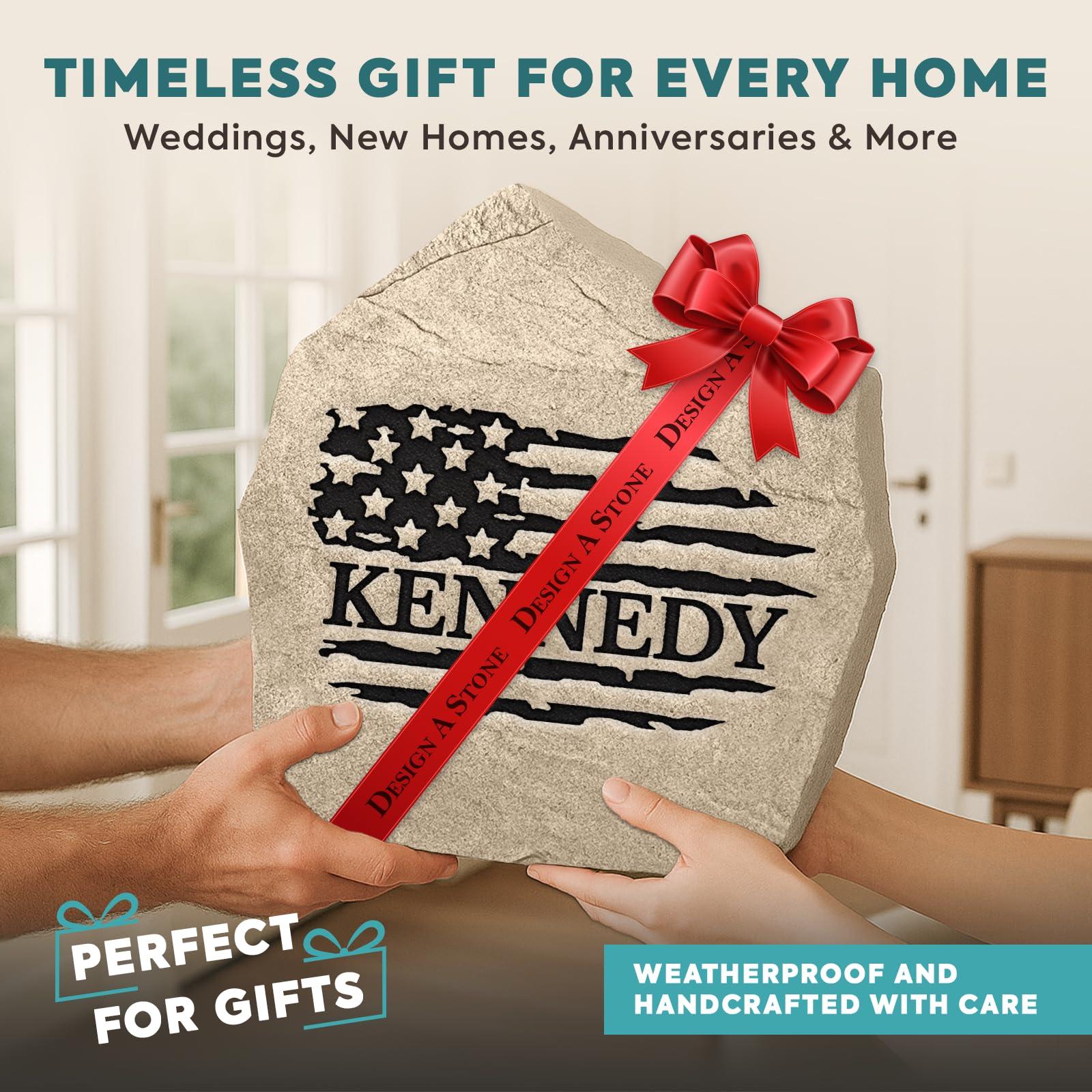 DESIGN A STONE Personalized Flag Name Stone - Engraved Garden Stone - Sandstone 21\" x 21\" - Monogram Stone by Design A Stone