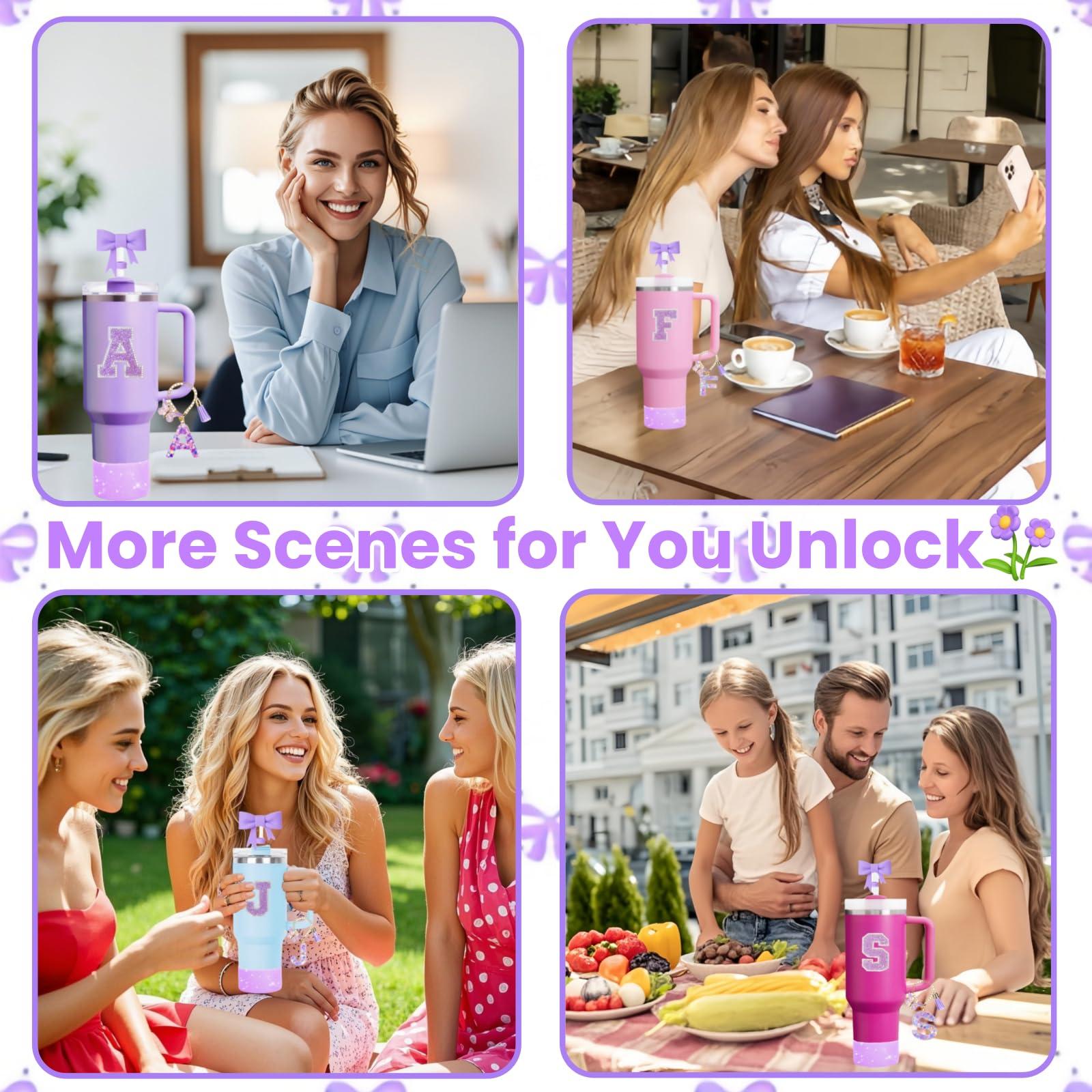 MOTEERLLU MOTEERLLU 6pcs Stanley Cup Accessories Set,Bow Straw Cover for Stanley Cup 30oz 40oz, Including Straw Topper,Spill Proof Stopper,Sparkly Silicone Boot Set,Handle Charm,Initials Sticker (D)