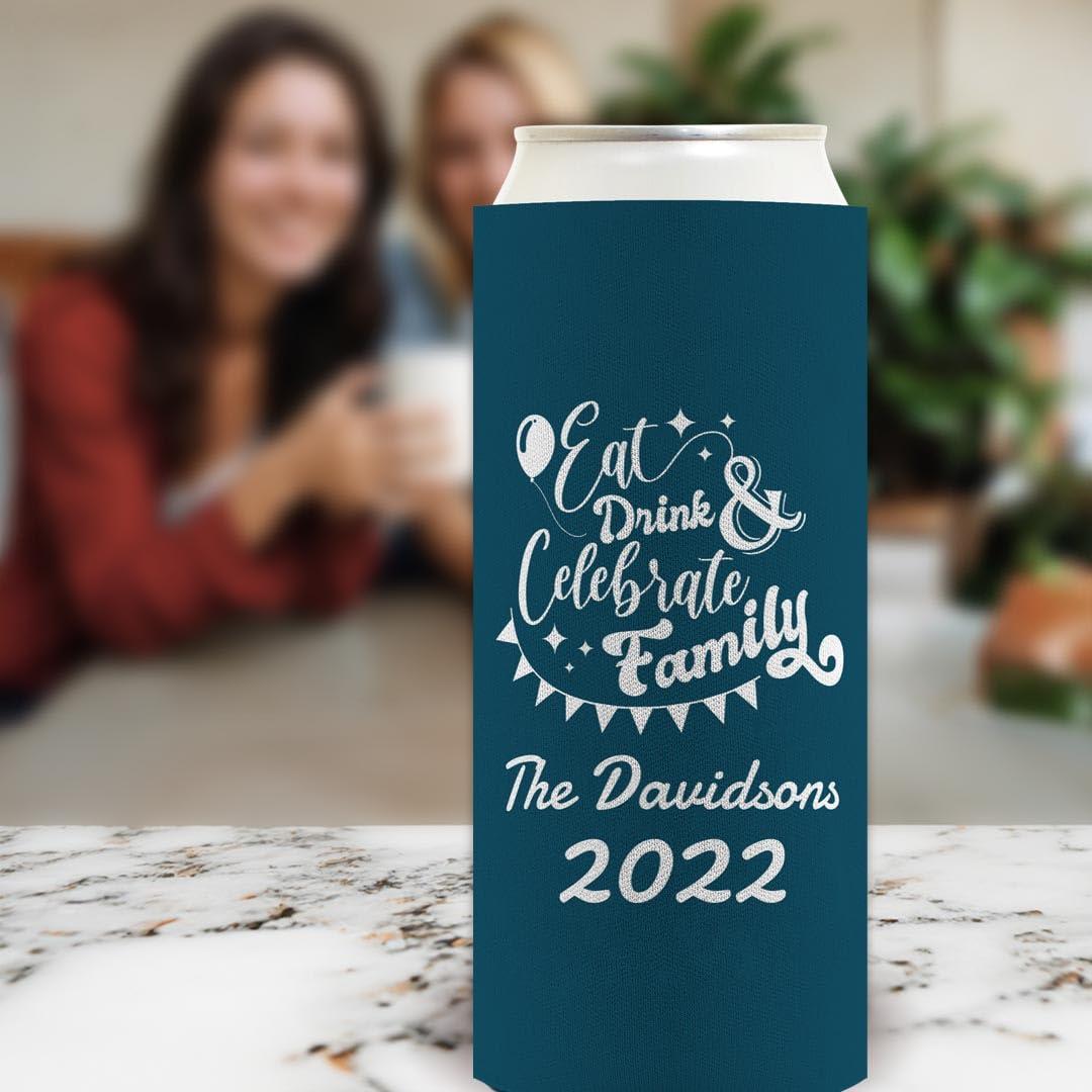 Personalized Gifts Custom Family Reunion Gifts Personalized Eat Drink Celebrate Family 6-Pack Personalized Ultra Slim Drink Sleeves Dark Teal
