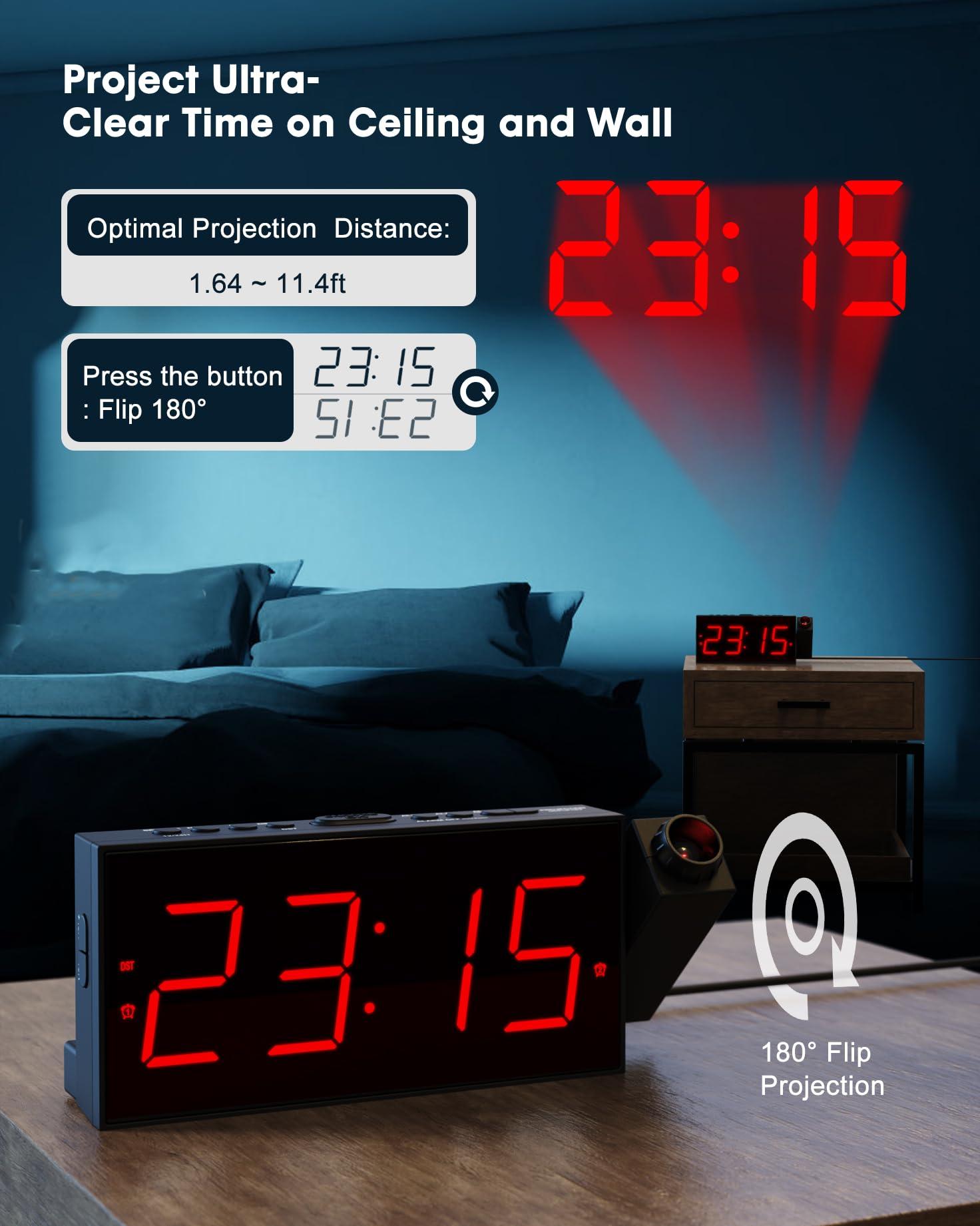 OnLyee OnLyee Projection Alarm Clock for Bedroom,LED Digital Clock on Ceiling Wall with USB Phone Charging,Battery Backup,180 Rotatable Projector& Dimmer,12/24H,DST,Snooze,Dual Loud Bedside Heavy Sleeper
