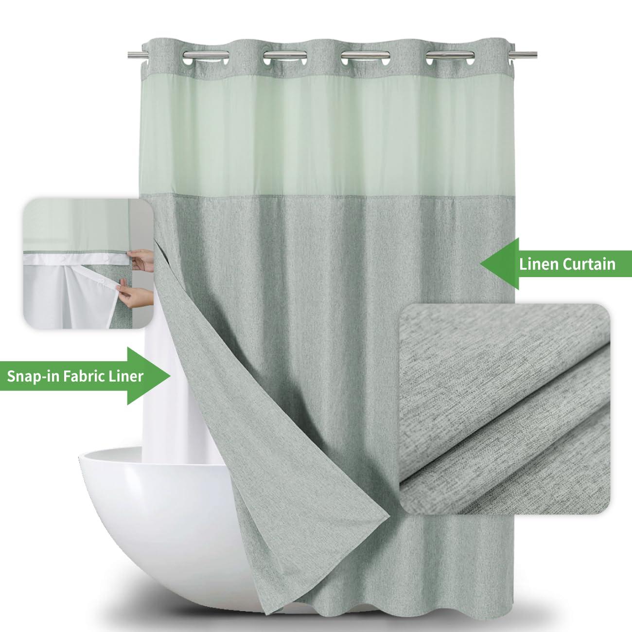 eachope eachope Extra Long No Hooks Needed Linen Textured Shower Curtain with Snap-in Fabric Liner Set,Sage Green Hotel Luxury Decor Shower Curtains for Bathroom,Waterproof & Washable,71Wx86H