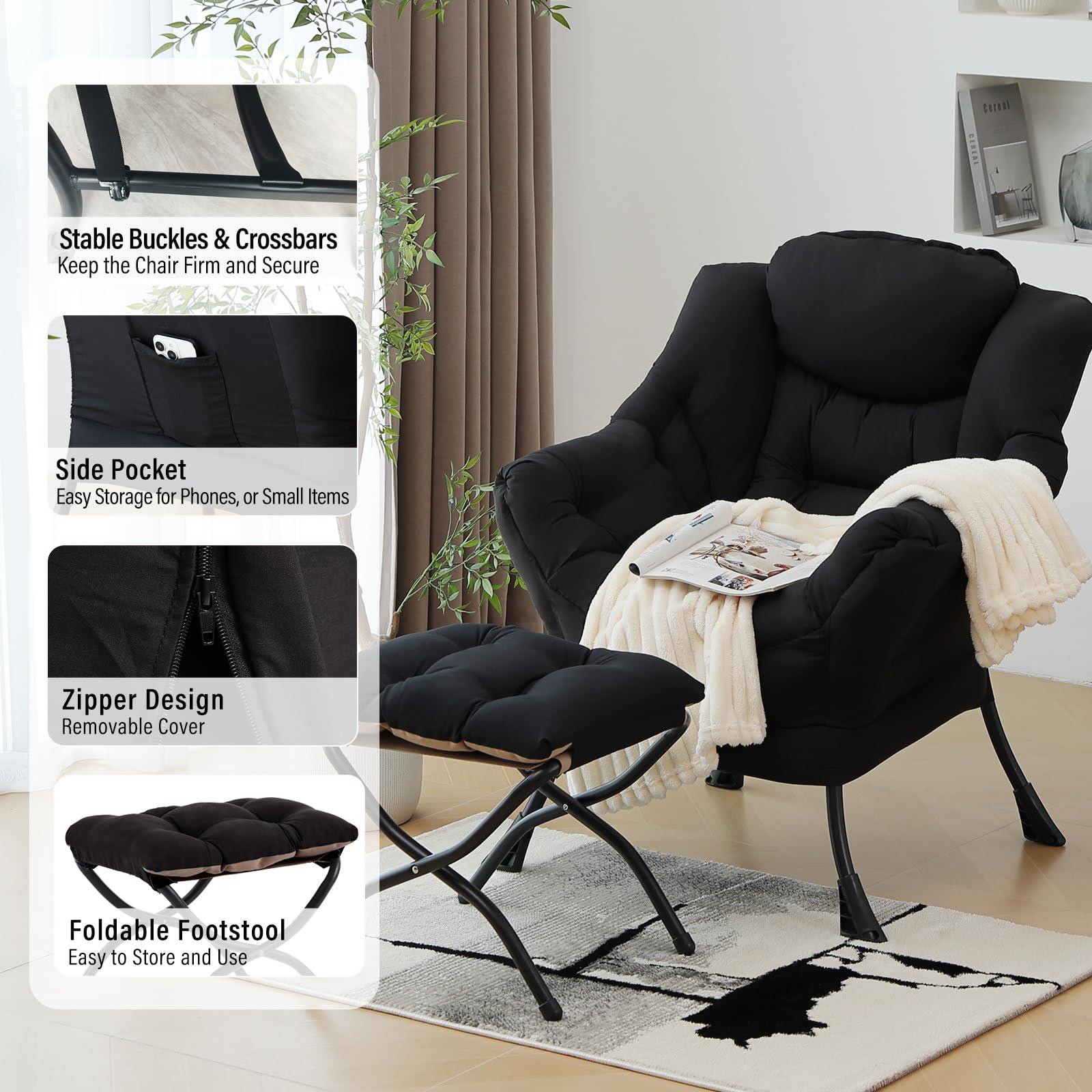Furlide Furlide Lazy Chair with Ottoman, Modern Chair with Folding Footrest, Lounge Accent Chair, Comfortable Reading Chair (Black)
