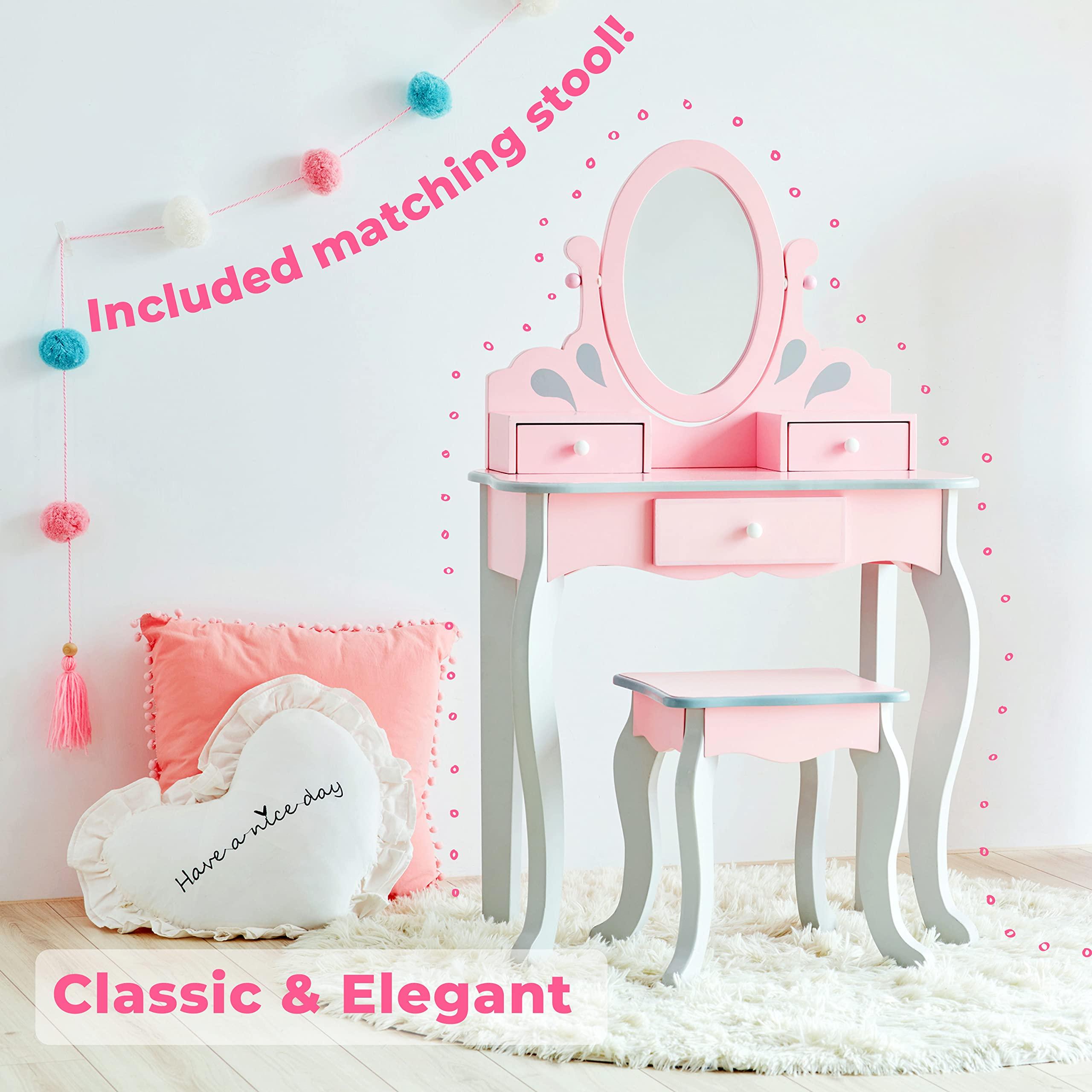 Teamson Kids Teamson Kids Princess Rapunzel Wooden 2-pc. Play Vanity Set with Three Storage Drawers, Rotating Oval Mirror and Matching Stool to Play Dress-Up, Princess or Beauty Salon, Pink and Gray