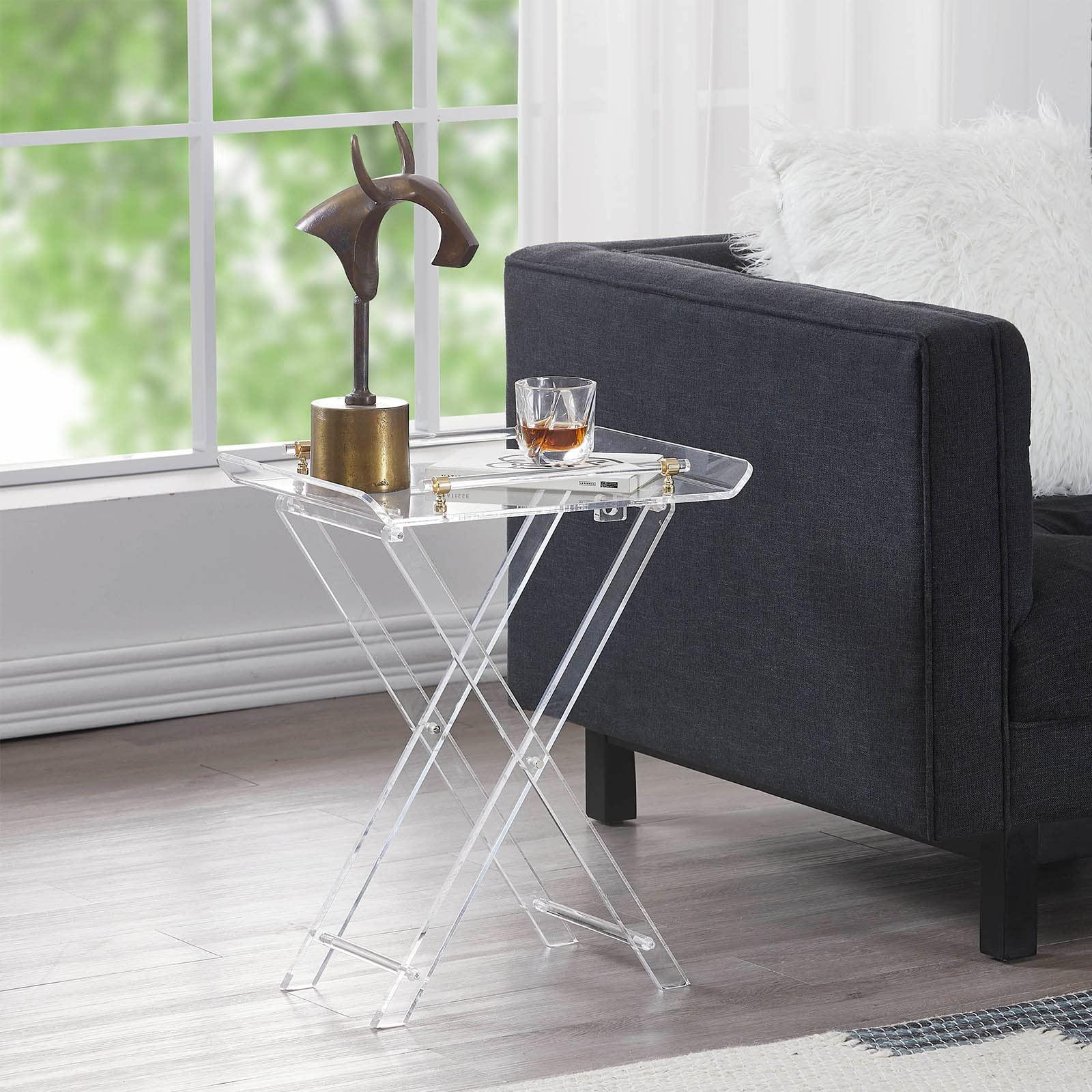 LIKENOW LIKENOW Furniture Acrylic Folding Tray Tables for Living Room,Bedroom,Lobby,Clear Small Side Tables with Handle for Coffee,Drink,Food,Snack,Modern Foldable Lucite End Table with X Leg for Decor