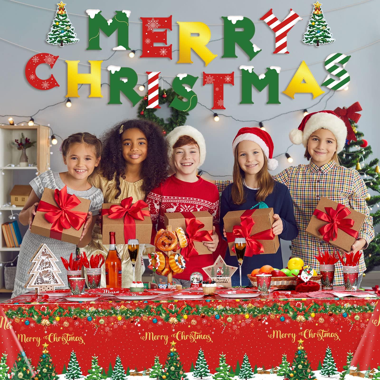 Tiamon Christmas Party Supplies Tableware Set Xmas Party Decoration Christmas Tree Paper Plates Napkins Snowflakes Tablecloths Merry Christmas Banner Holiday Disposable Dinnerware Serves 24 Guests