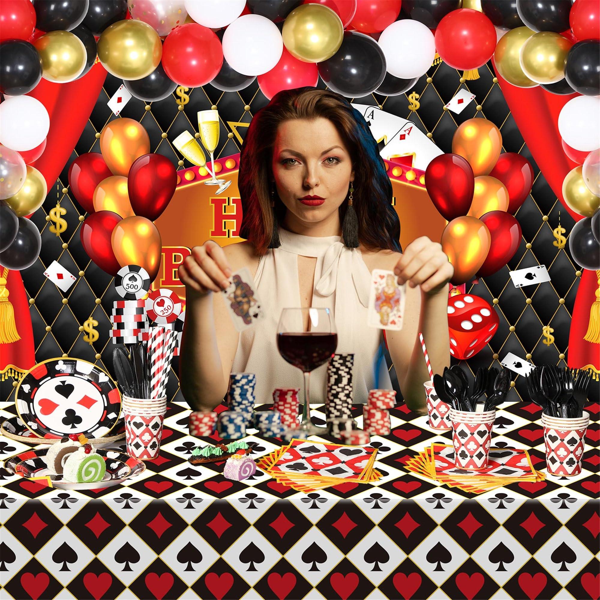 HyDren 239 Pcs Casino Theme Party Decoration Poker Birthday Decoration Las Vegas Party Supplies Include Casino Backdrop, Balloon Garland Kit, Tablecloth Napkin Tableware Set for Las Vegas Night Poker
