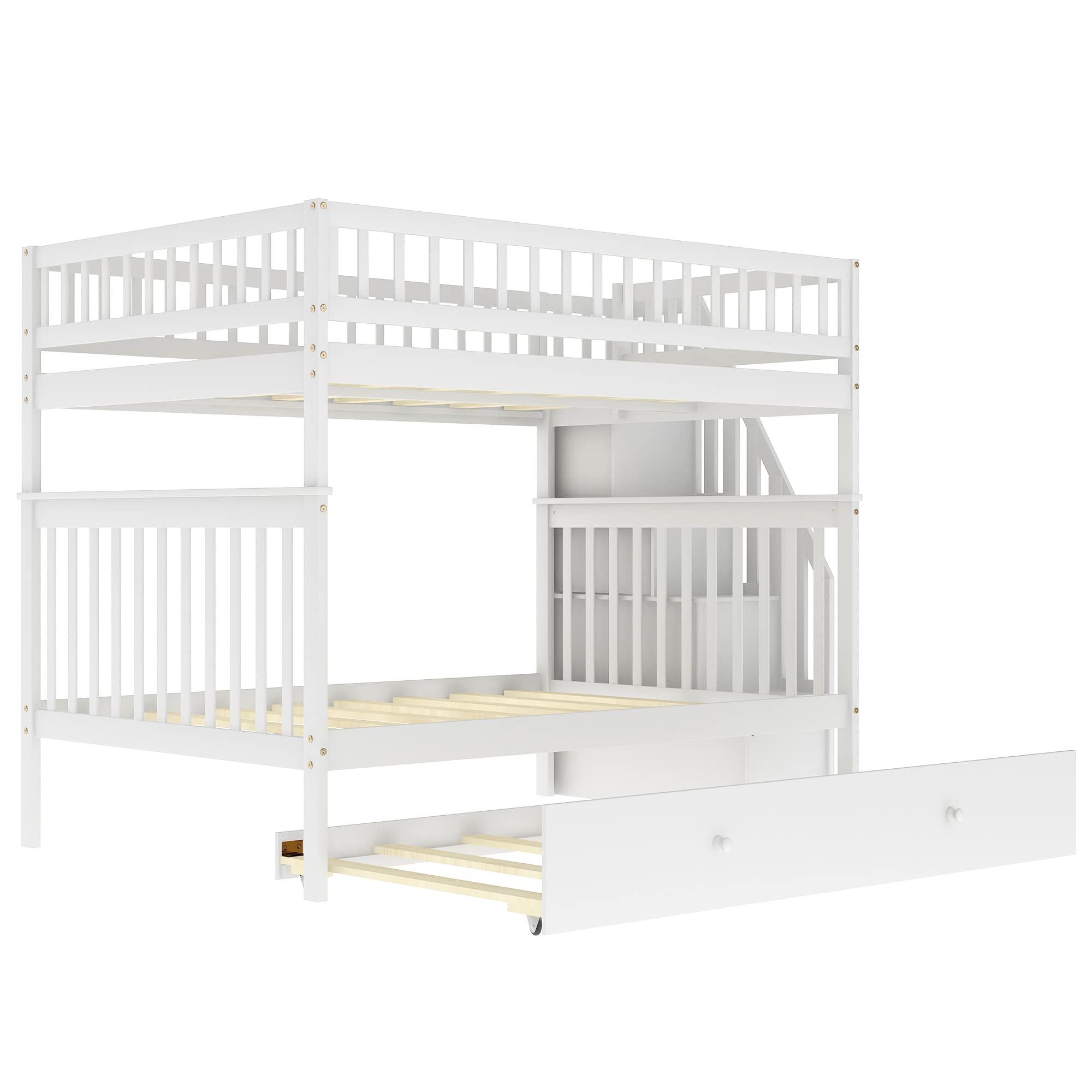 Quarte Quarte Full Over Full Bunk Bed with Trundle/Staircase/4 Storage Shelves, Convertible 3 Individual Beds, Solid Wood Bunk Bed Designed for Kids/Teens/Adults (White+Full/Full*)